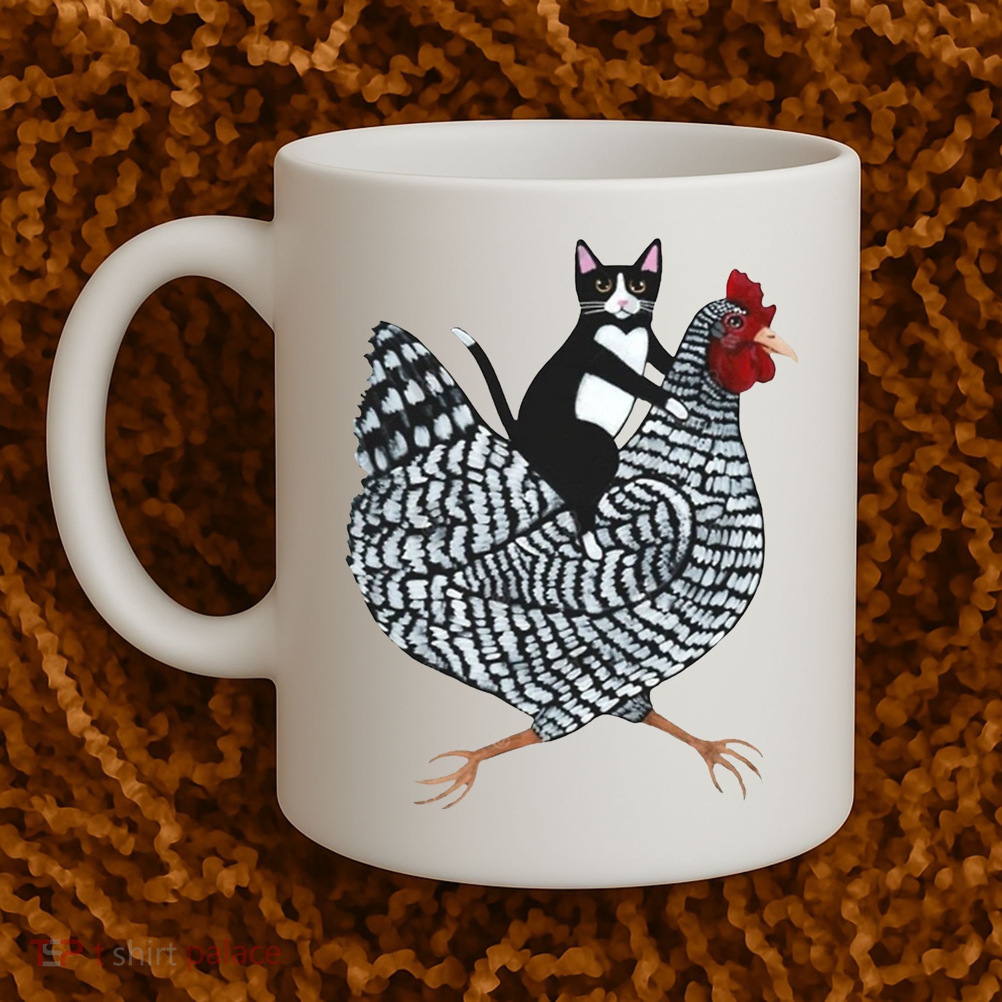 Tuxedo Cat Riding Chicken Funny Coffee Mug