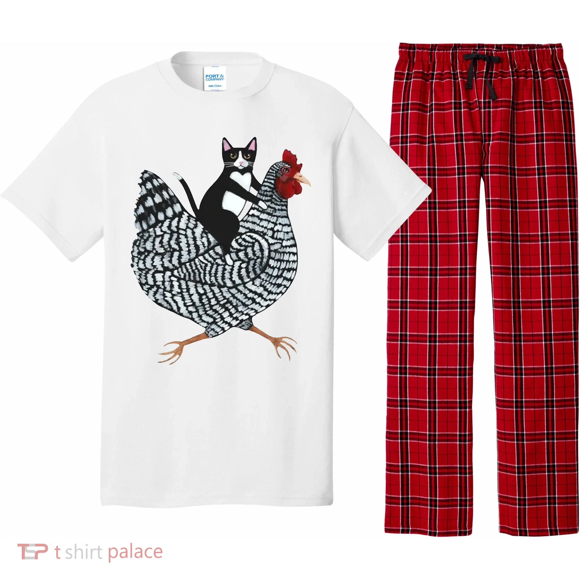 Tuxedo Cat Riding Chicken Funny Pajama Set