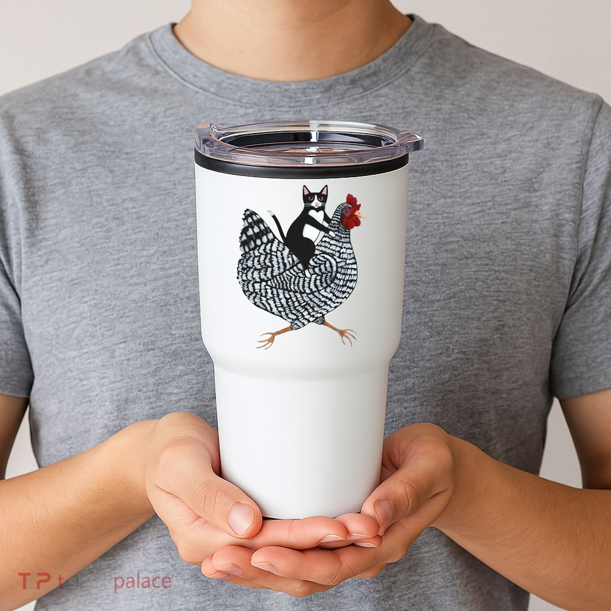 Tuxedo Cat Riding Chicken Funny Tumbler