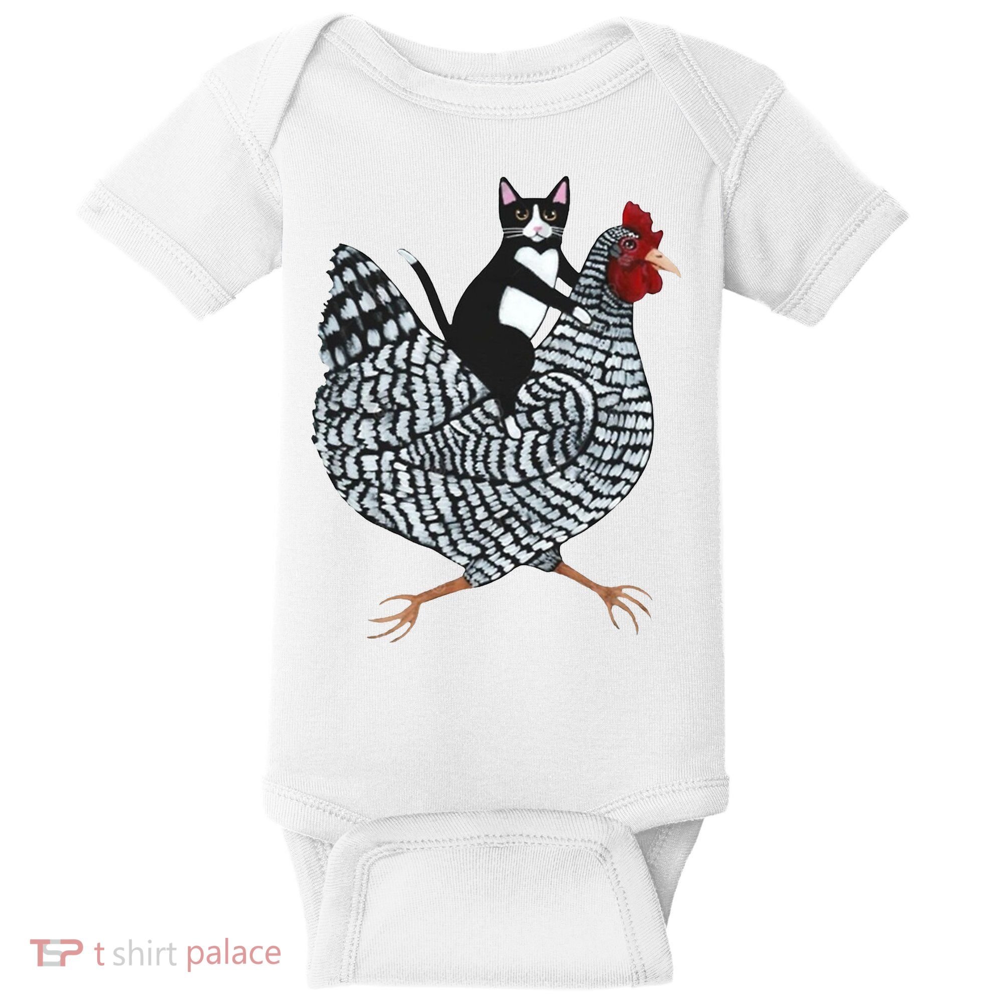 Tuxedo Cat Riding Chicken Funny Baby Bodysuit