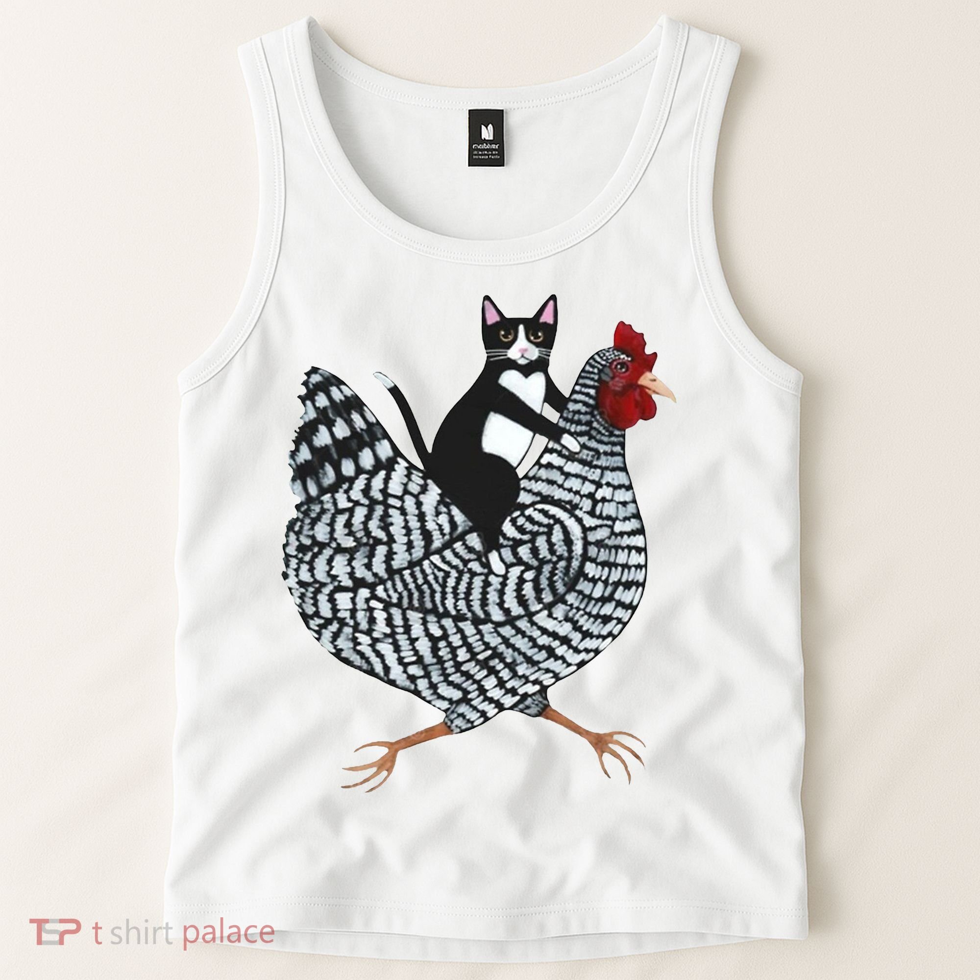 Tuxedo Cat Riding Chicken Funny Tank Top