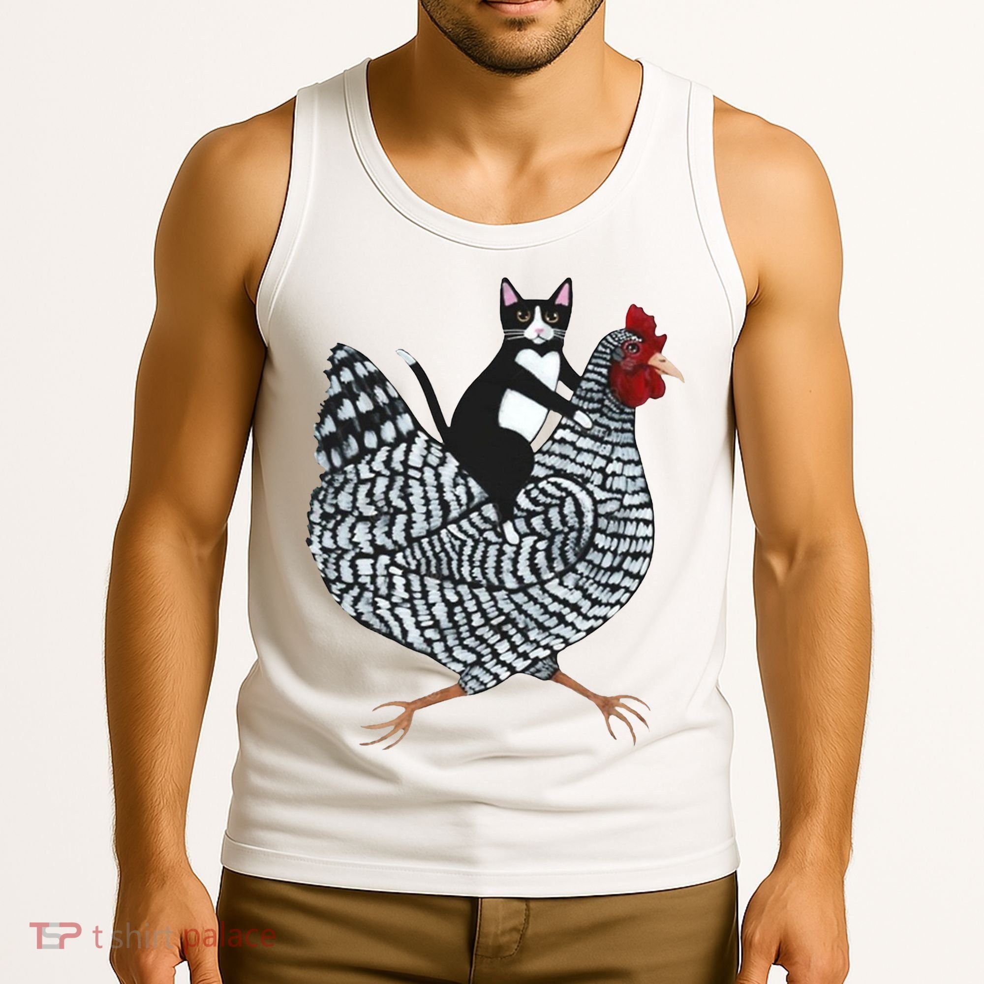 Tuxedo Cat Riding Chicken Funny Tank Top