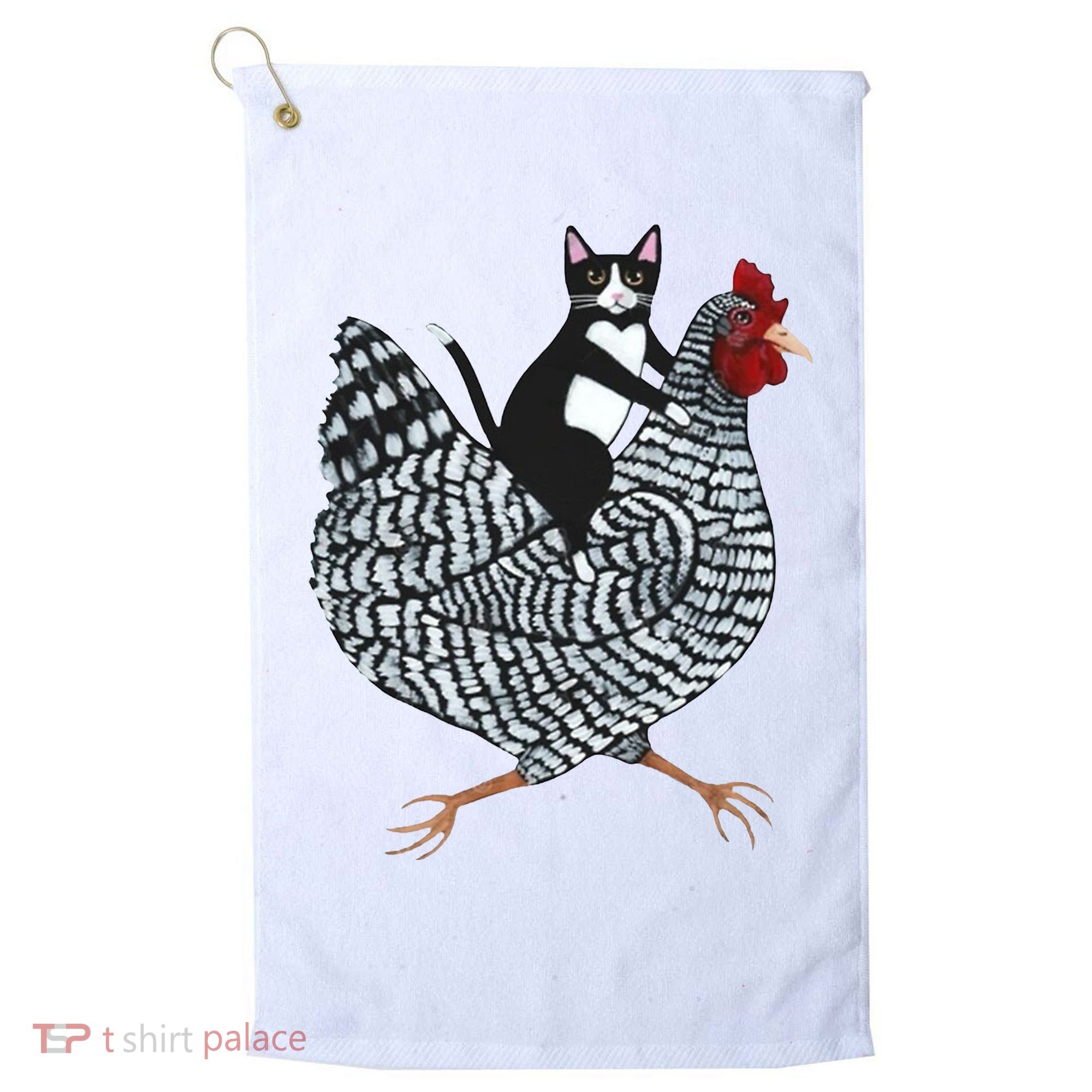 Tuxedo Cat Riding Chicken Funny Golf Towel