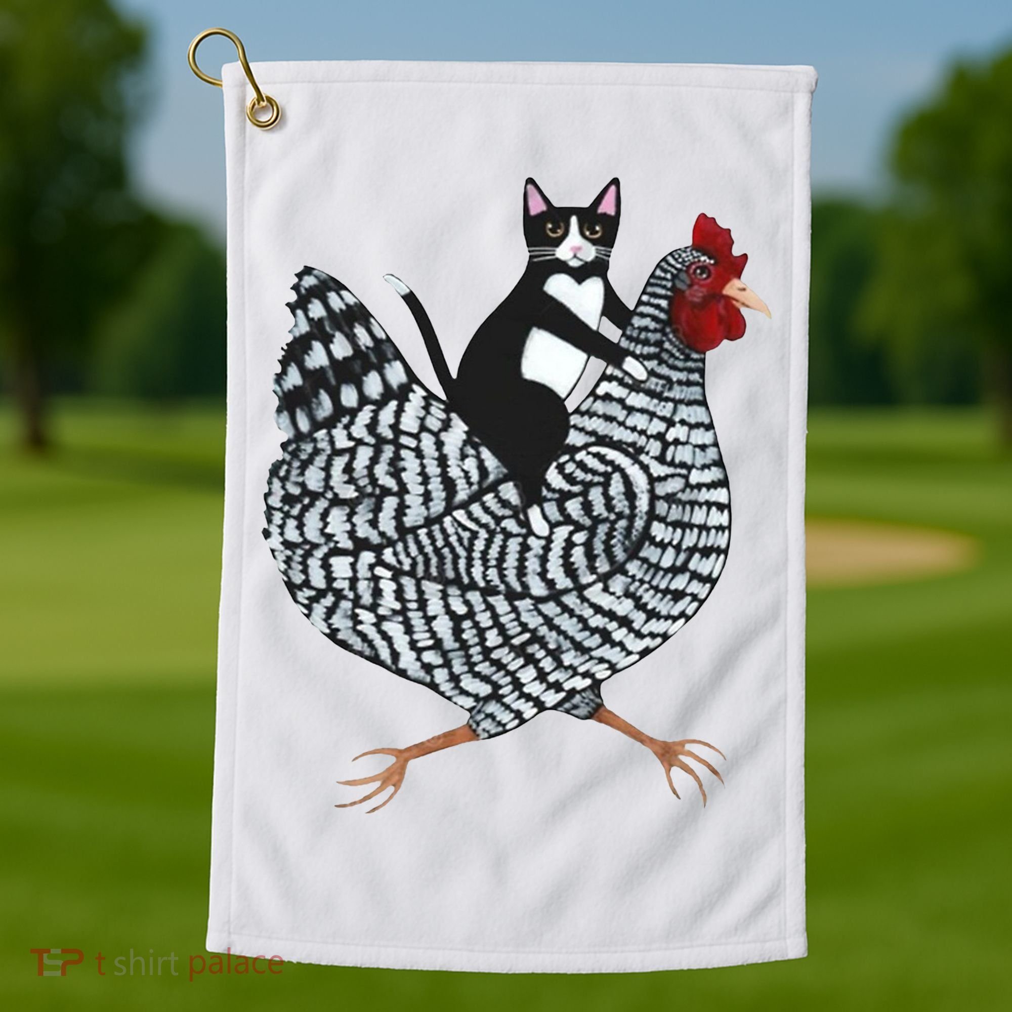 Tuxedo Cat Riding Chicken Funny Golf Towel
