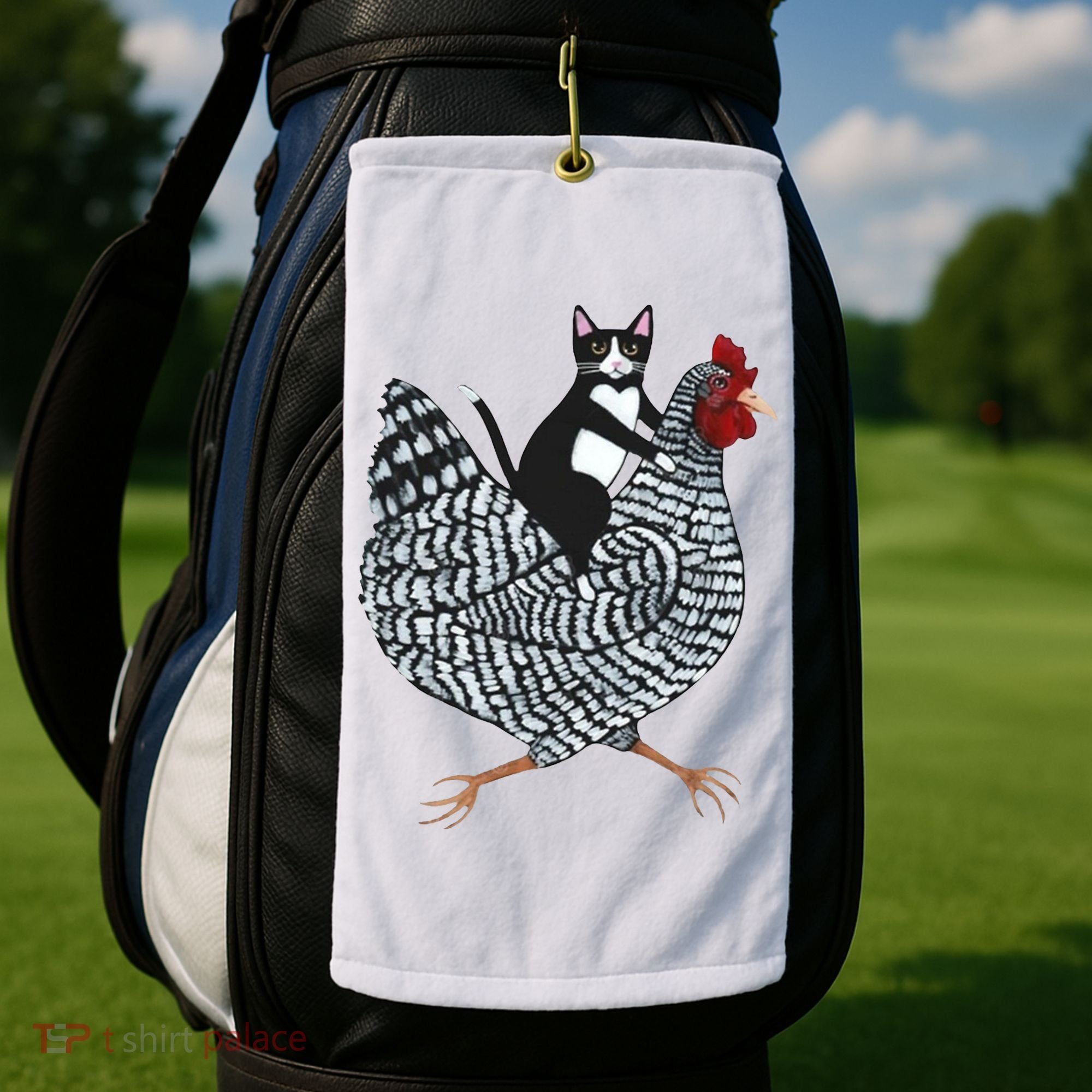 Tuxedo Cat Riding Chicken Funny Golf Towel