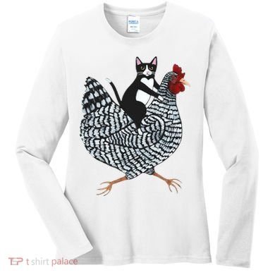 Tuxedo Cat Riding Chicken Funny Women's Long Sleeve Shirt