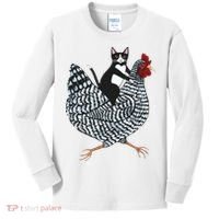 Tuxedo Cat Riding Chicken Funny Kids Long Sleeve Shirt thumb 0
