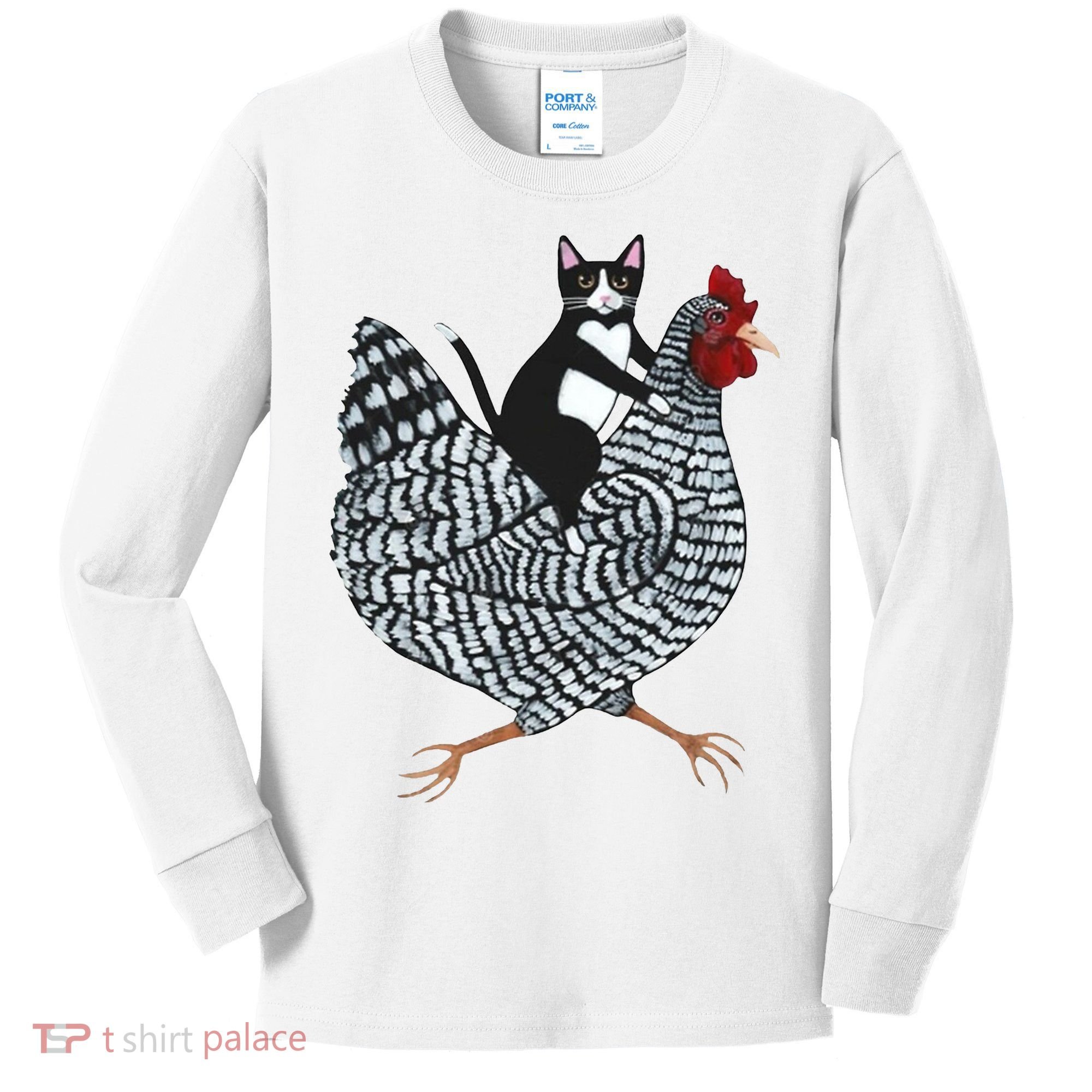 Tuxedo Cat Riding Chicken Funny Kids Long Sleeve Shirt