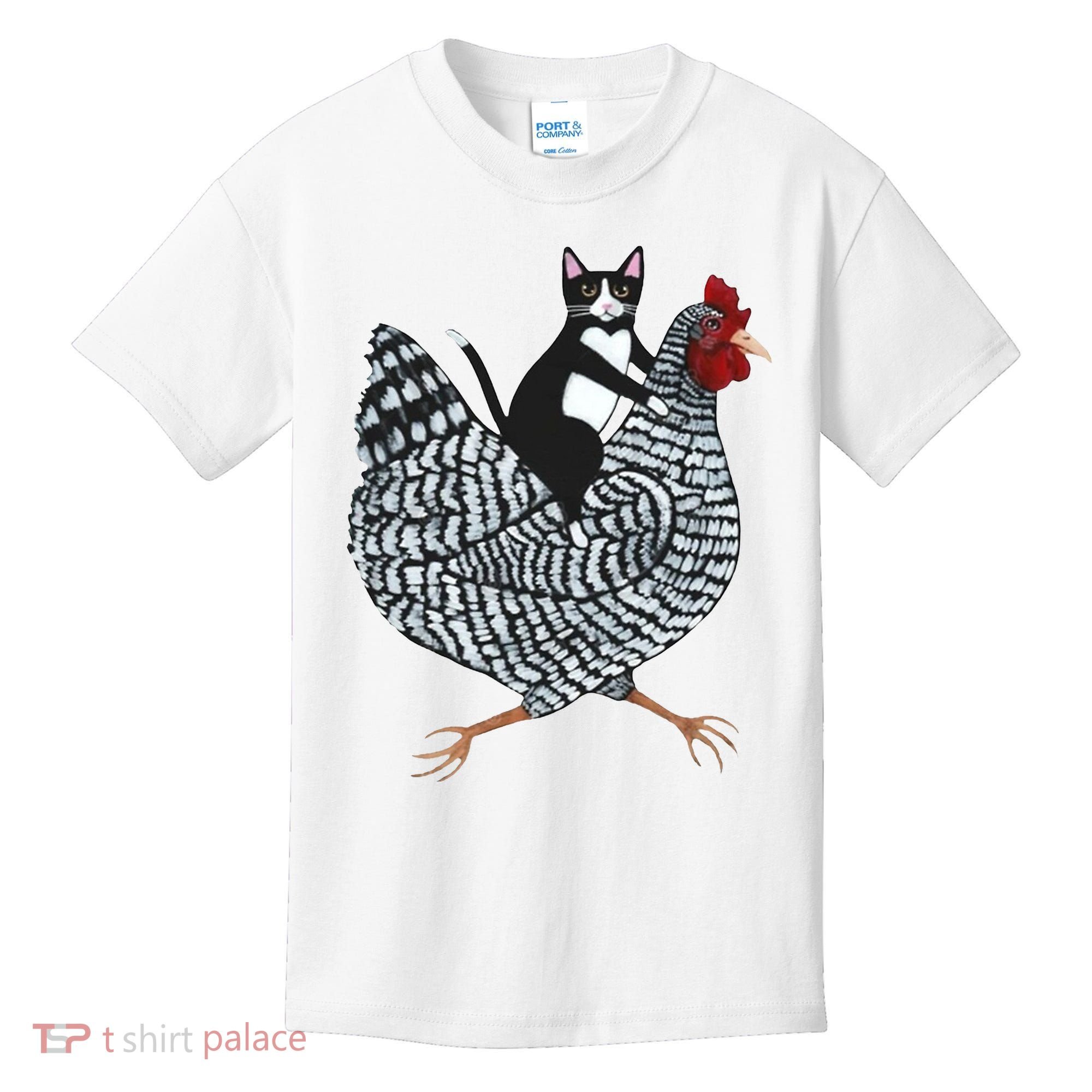 Tuxedo Cat Riding Chicken Funny Kids T-Shirt