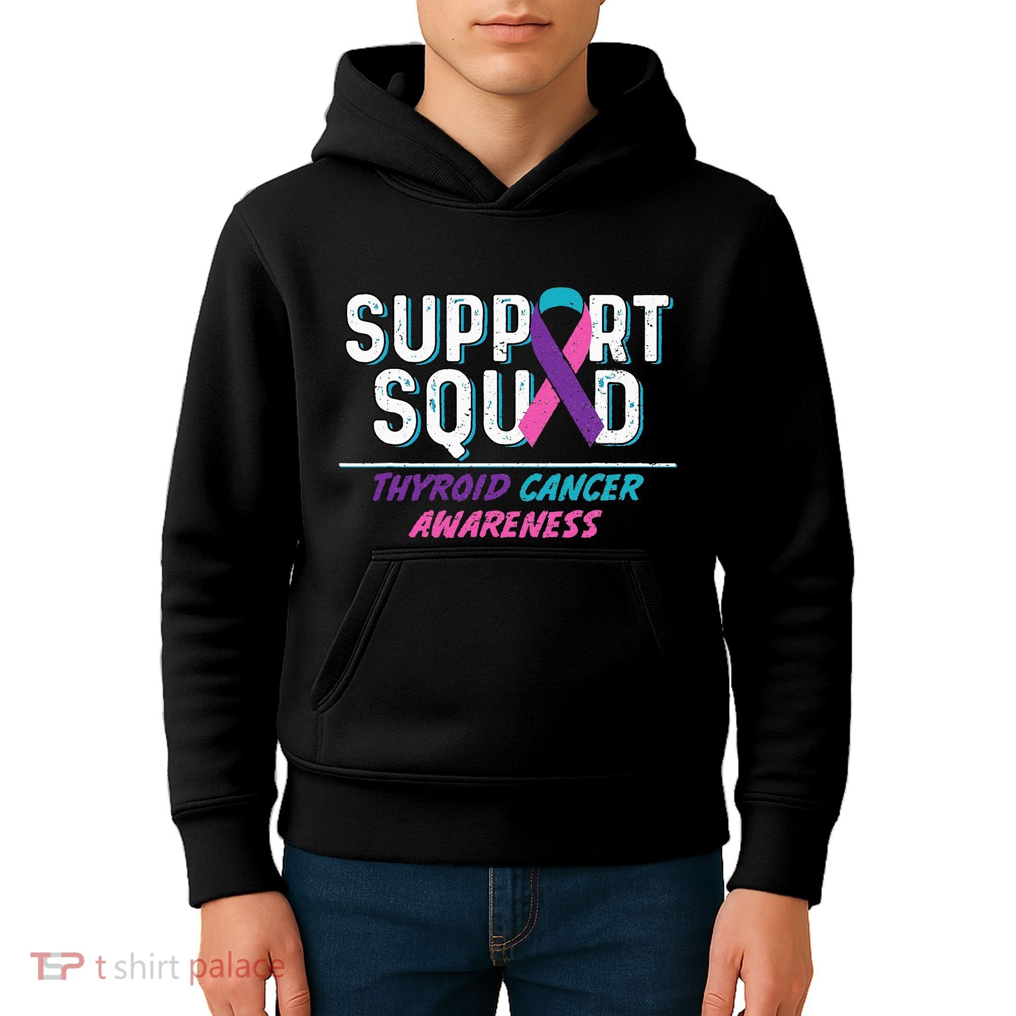 Thyroid Cancer Support Squad Friend Family Awareness Ribbon Kids Hoodie