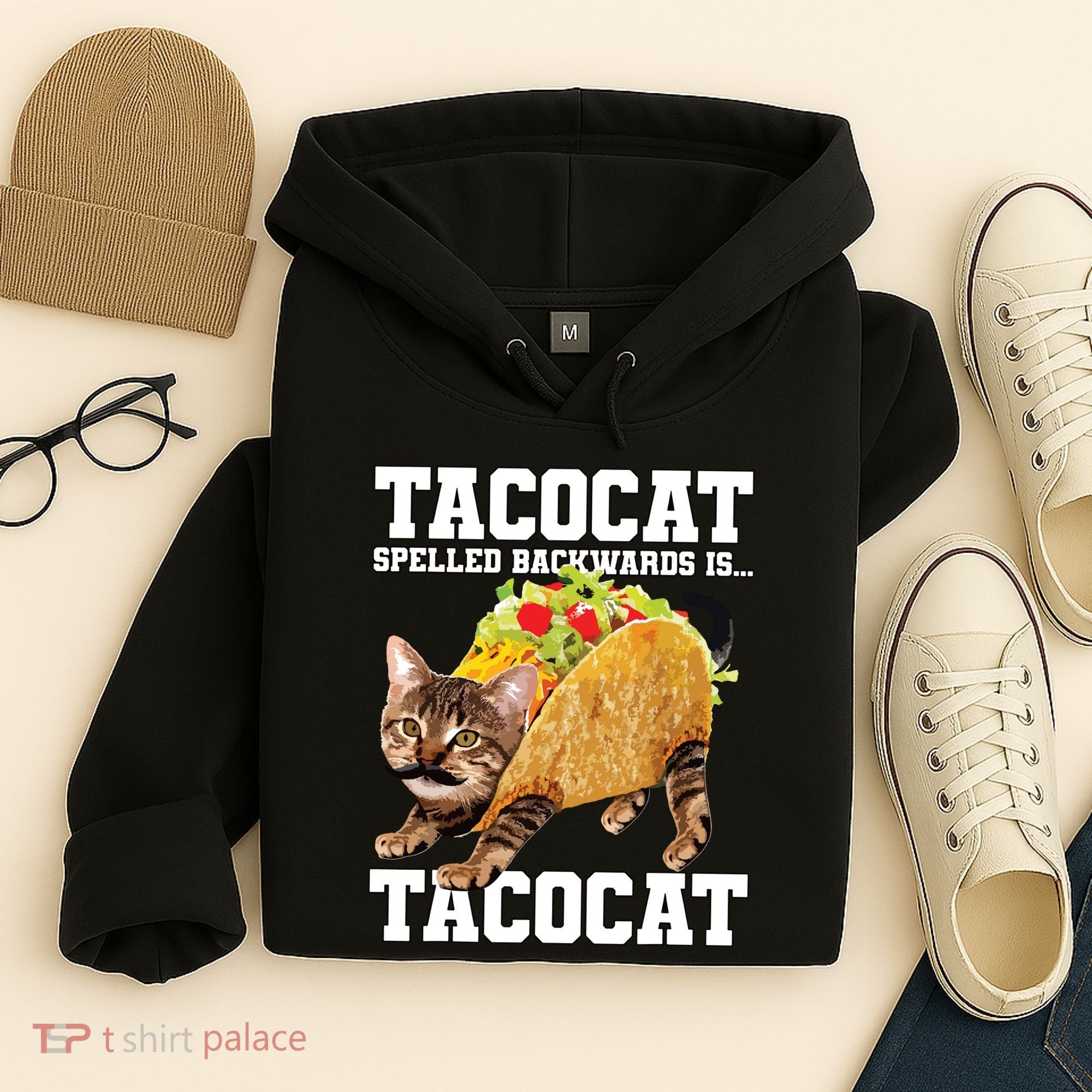 Taco Cat Spelled Backwards Is Tacocat Meme Silly Cat Lover Hoodie