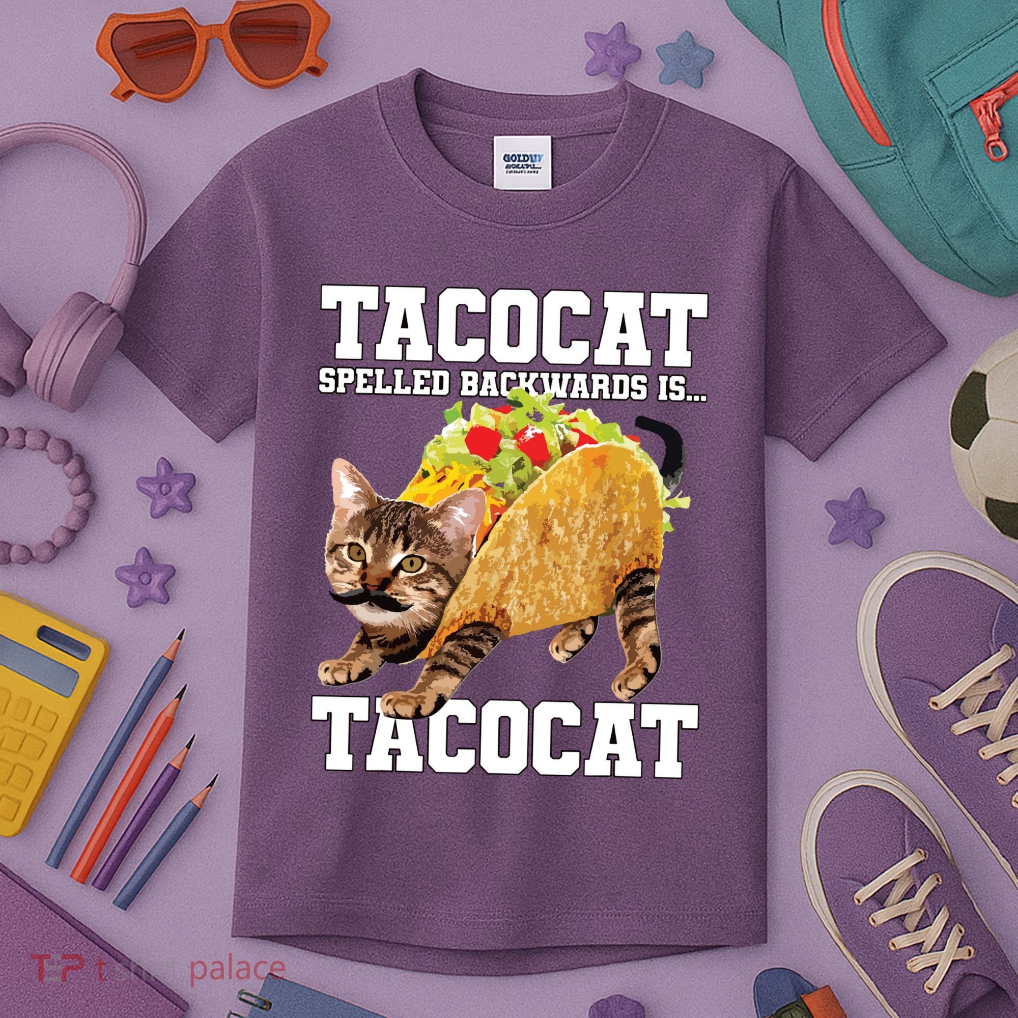 Taco Cat Spelled Backwards Is Tacocat Meme Silly Cat Lover Kids T-Shirt
