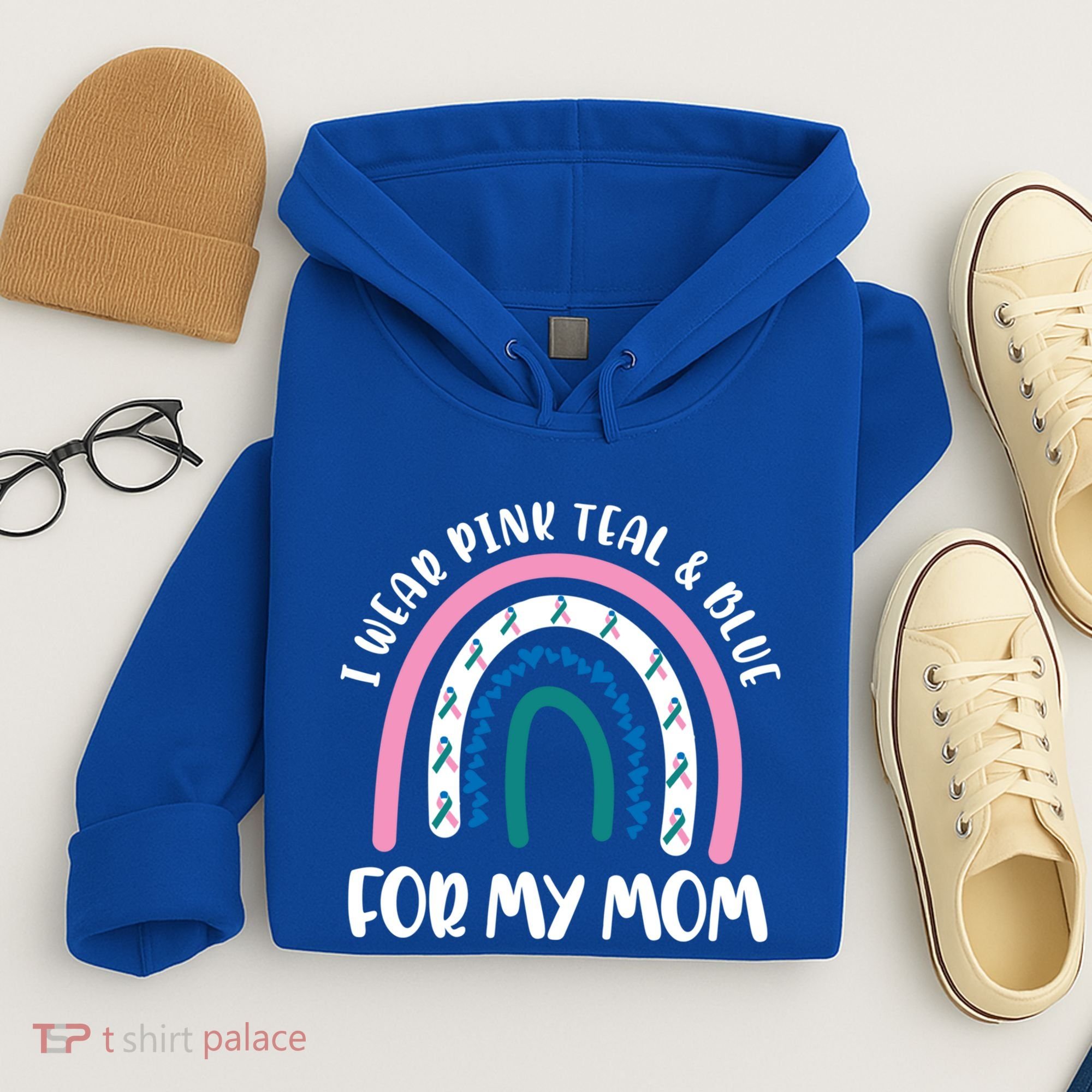 Thyroid Cancer Support I Wear Pink Teal And Blue For My Mom Gift Hoodie