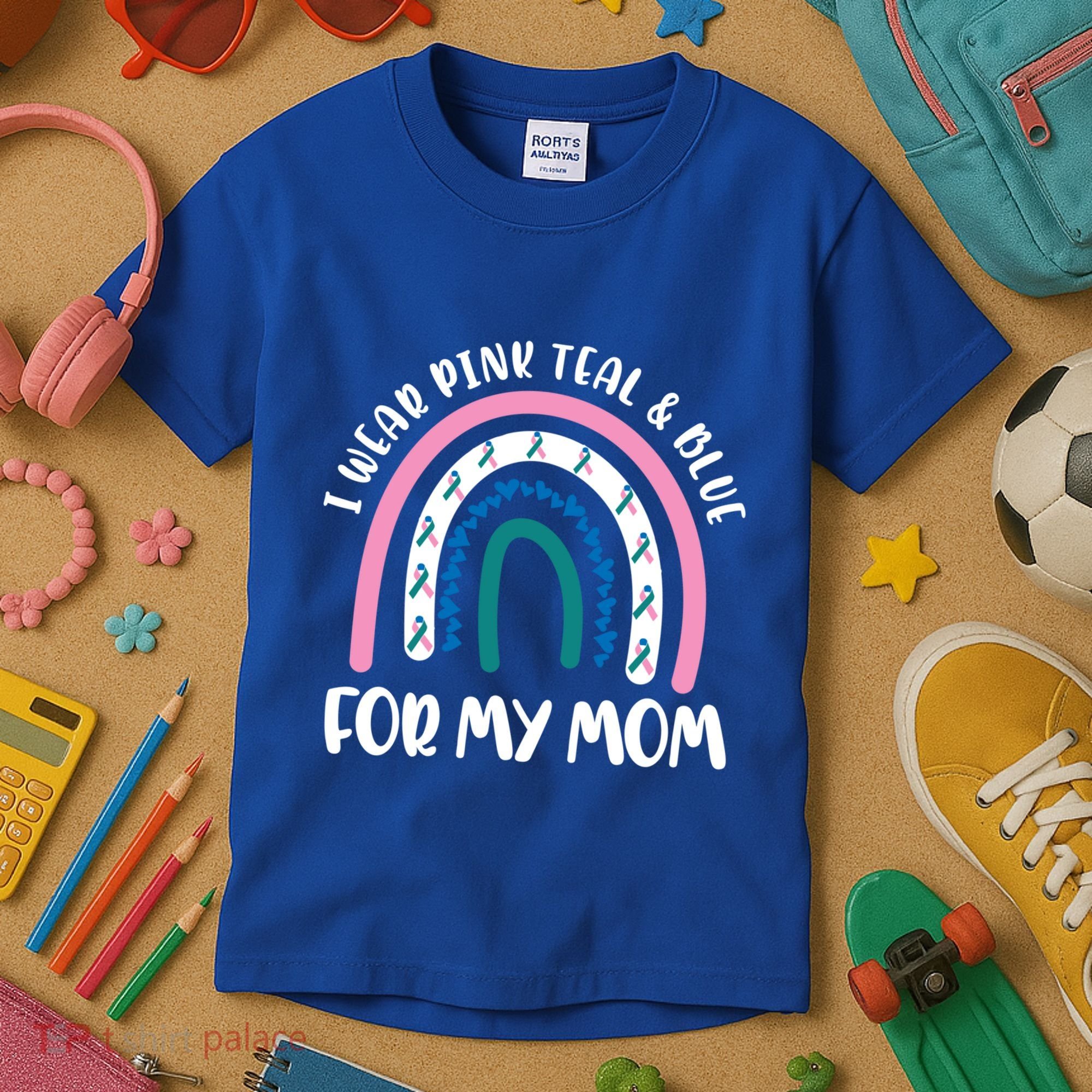 Thyroid Cancer Support I Wear Pink Teal And Blue For My Mom Gift Kids T-Shirt