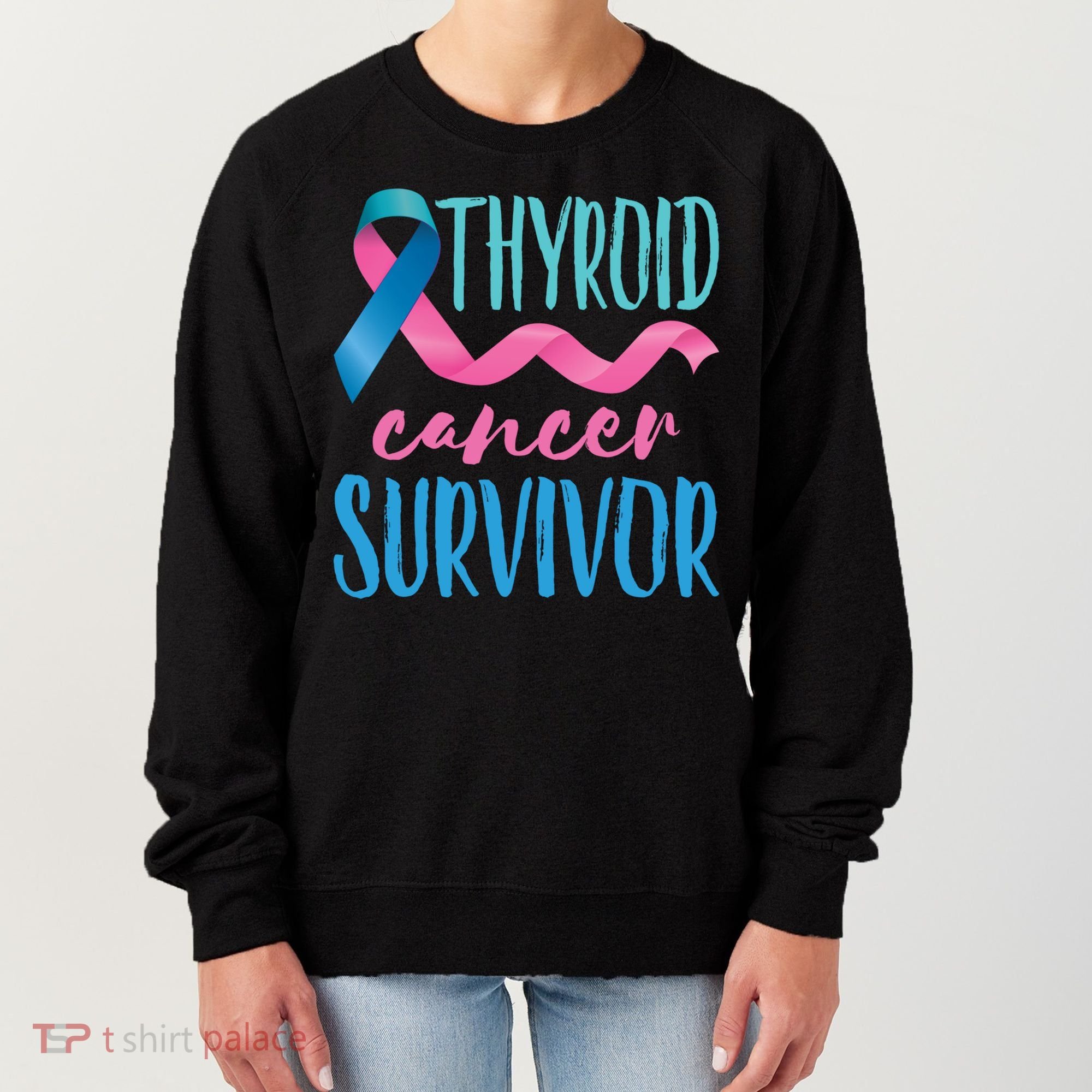 Thyroid Cancer Survivor Awareness Ribbon Teal Pink Blue Gift Women's Sweatshirt