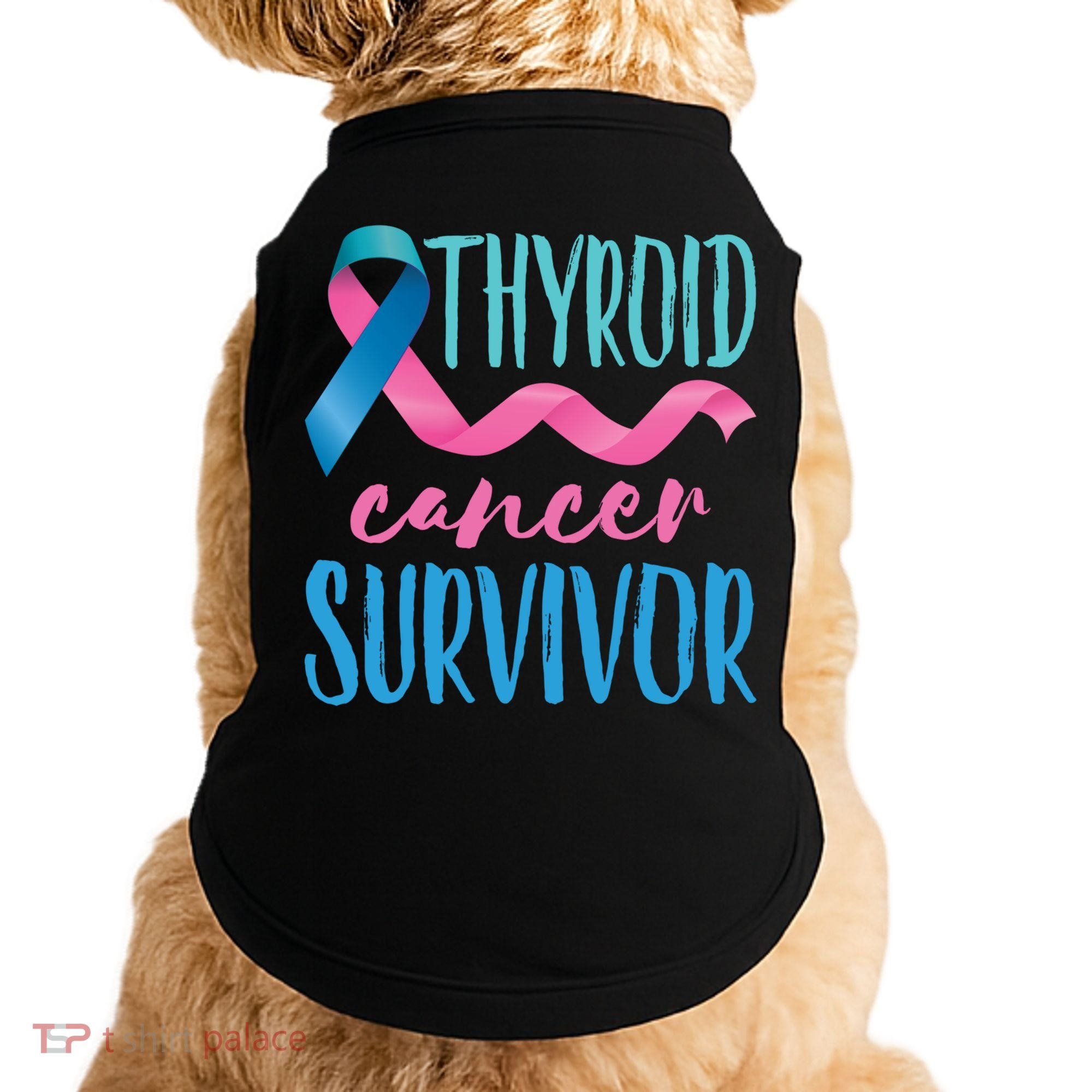 Thyroid Cancer Survivor Awareness Ribbon Teal Pink Blue Gift Doggie Tank