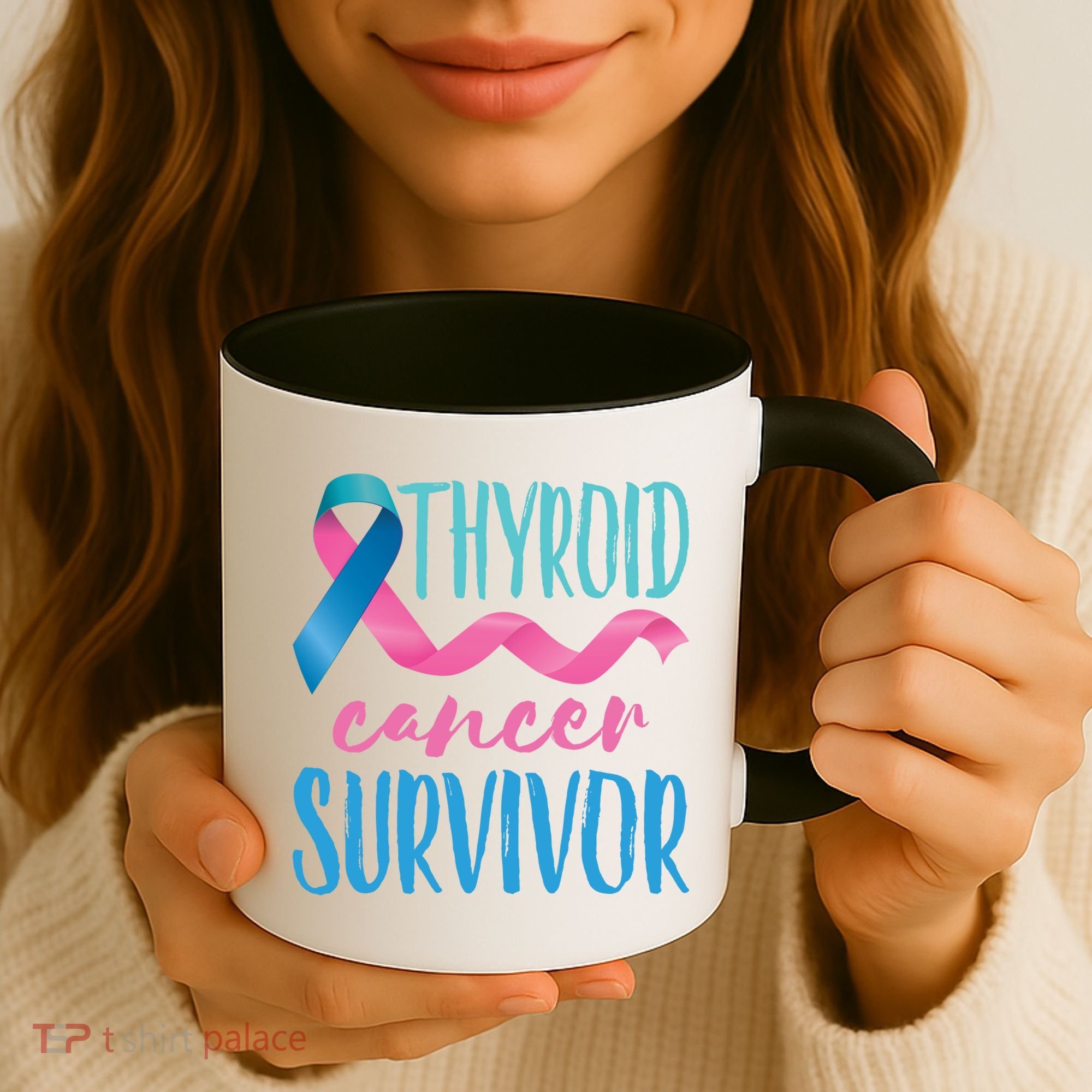Thyroid Cancer Survivor Awareness Ribbon Teal Pink Blue Gift Coffee Mug
