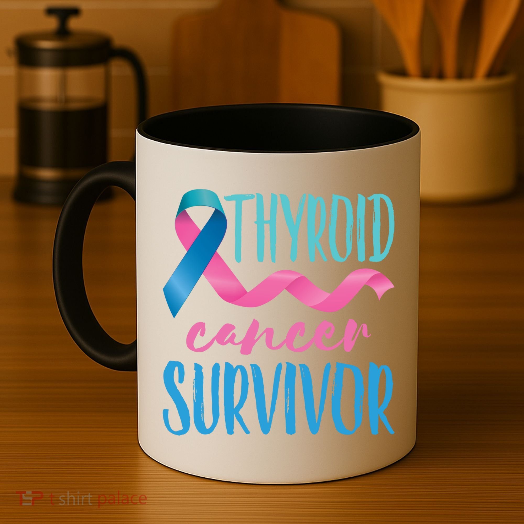 Thyroid Cancer Survivor Awareness Ribbon Teal Pink Blue Gift Coffee Mug