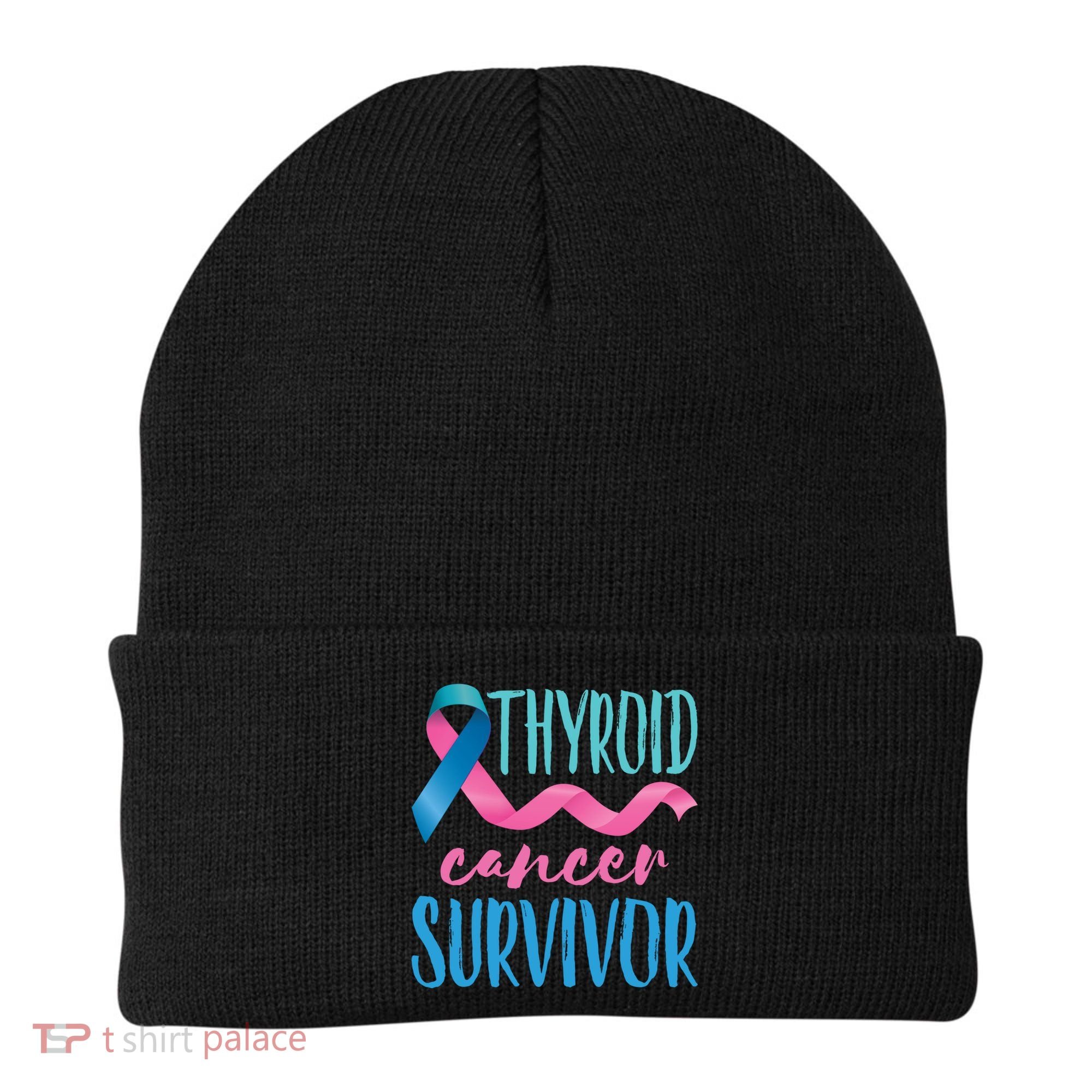 Thyroid Cancer Survivor Awareness Ribbon Teal Pink Blue Gift Beanie