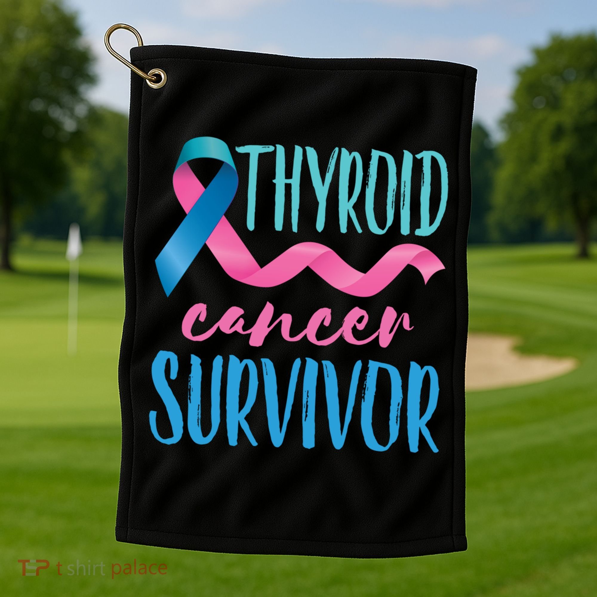 Thyroid Cancer Survivor Awareness Ribbon Teal Pink Blue Gift Golf Towel