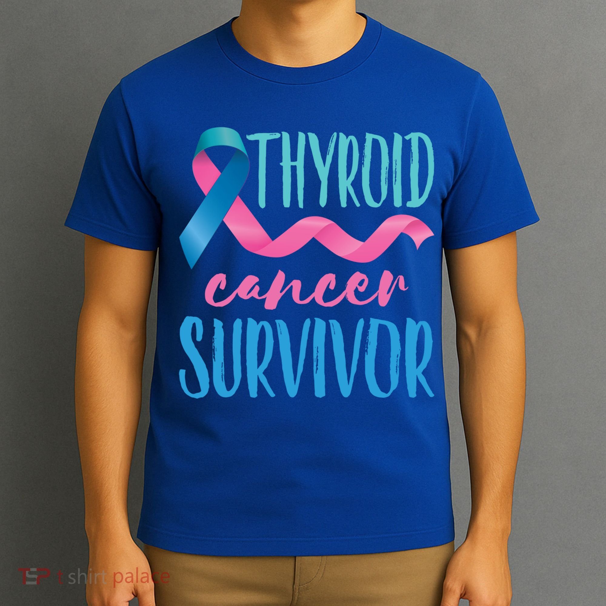 Thyroid Cancer Survivor Awareness Ribbon Teal Pink Blue Gift T-Shirt