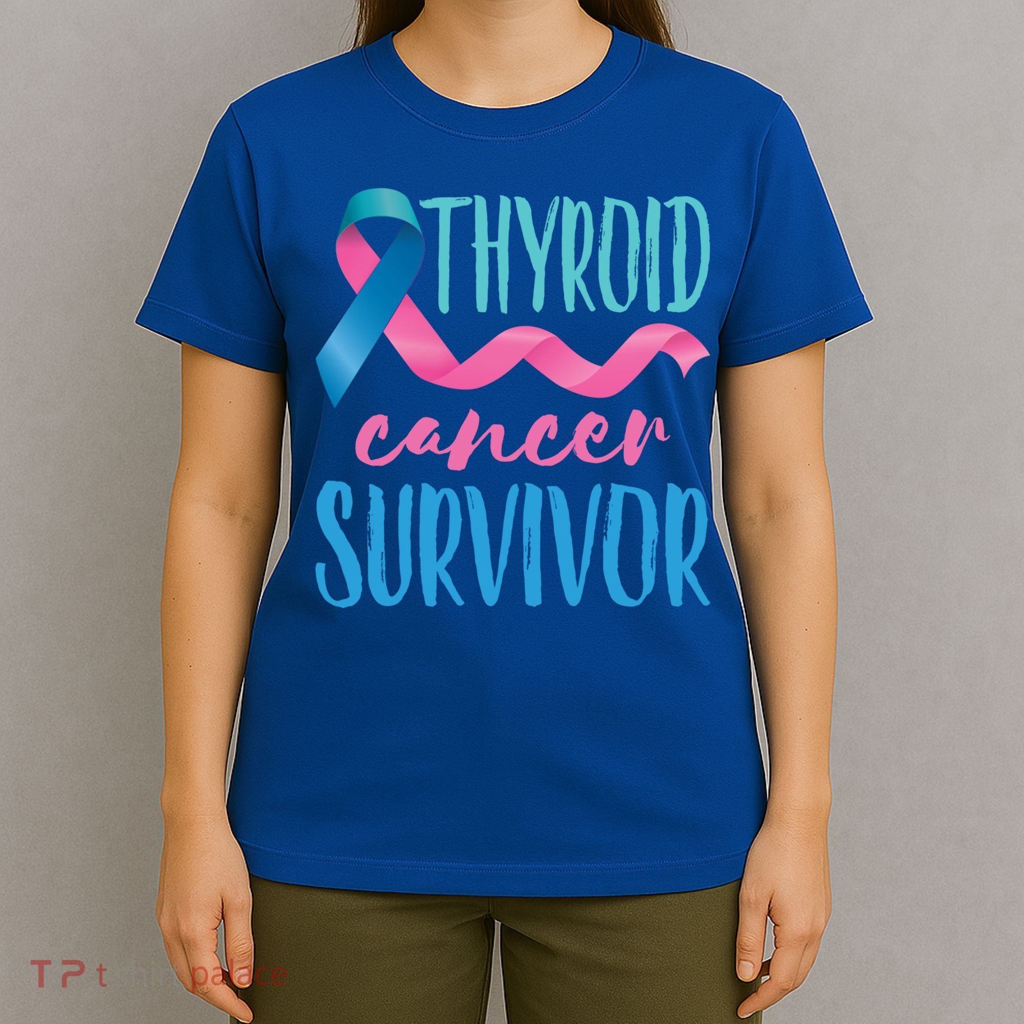 Thyroid Cancer Survivor Awareness Ribbon Teal Pink Blue Gift T-Shirt