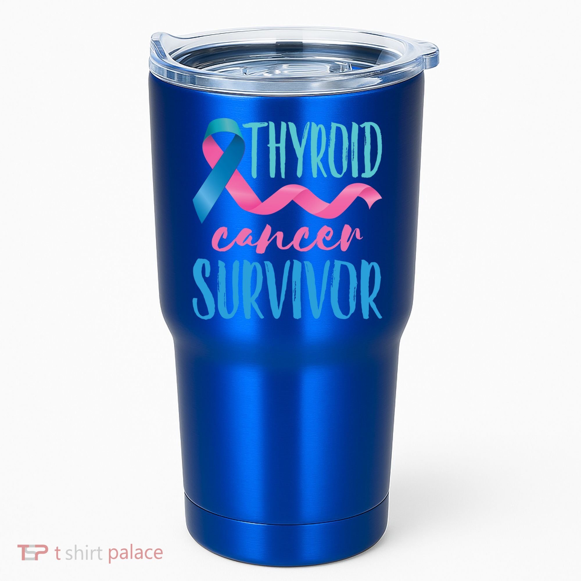 Thyroid Cancer Survivor Awareness Ribbon Teal Pink Blue Gift Tumbler