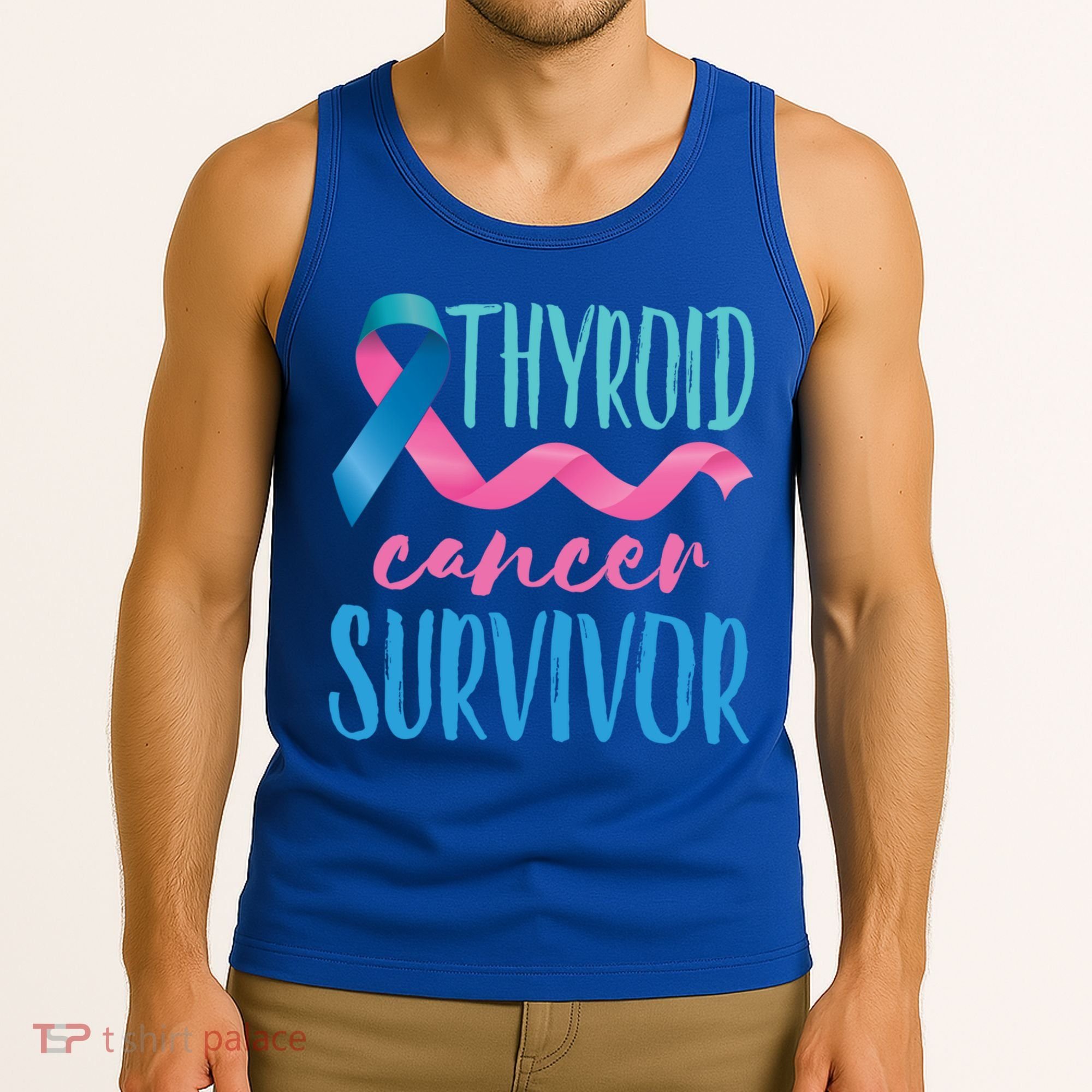 Thyroid Cancer Survivor Awareness Ribbon Teal Pink Blue Gift Tank Top