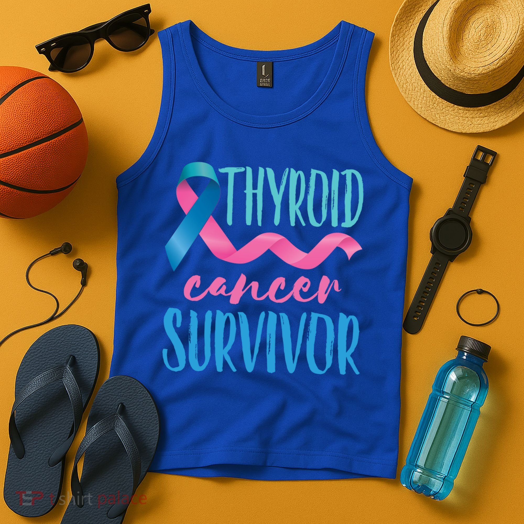 Thyroid Cancer Survivor Awareness Ribbon Teal Pink Blue Gift Tank Top