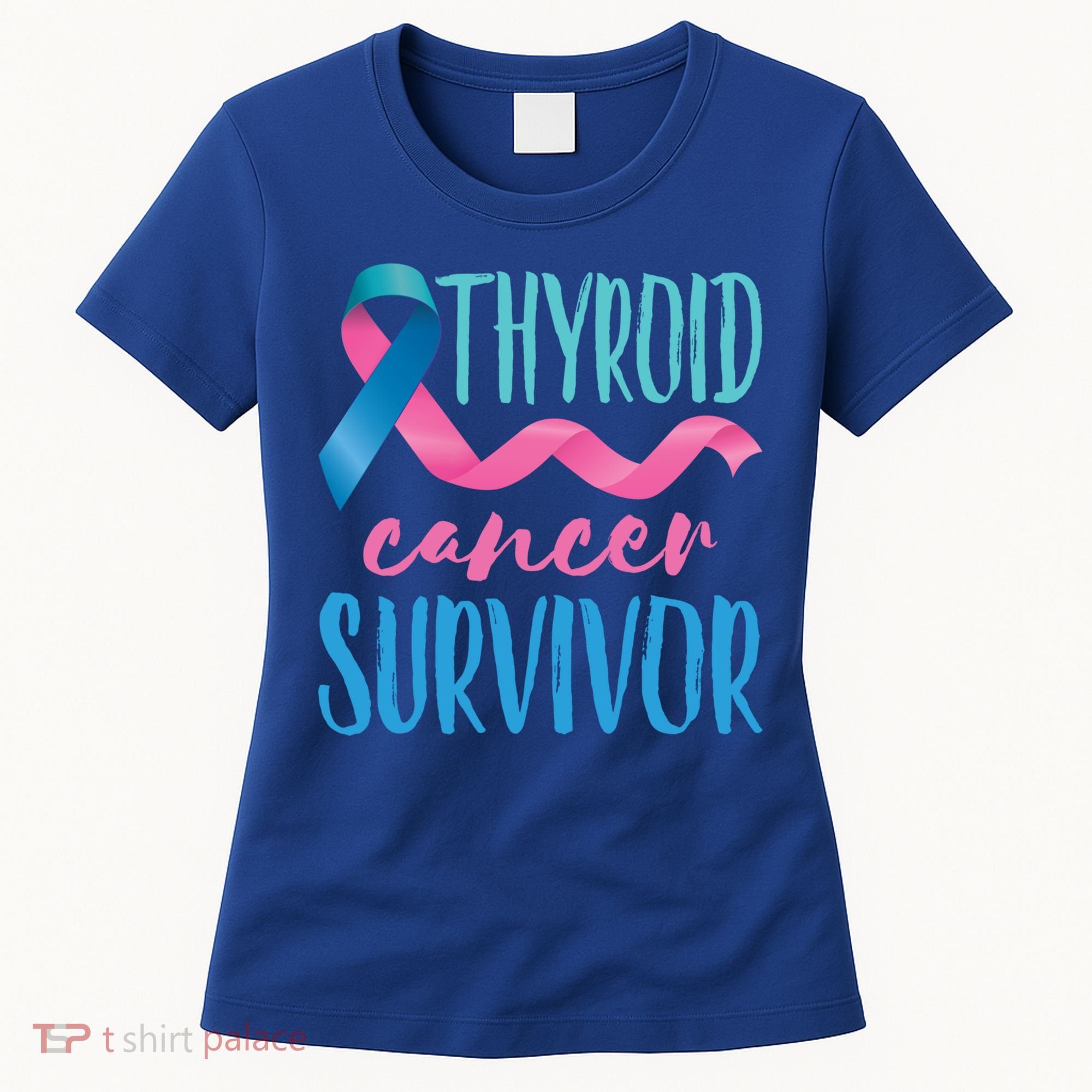 Thyroid Cancer Survivor Awareness Ribbon Teal Pink Blue Gift Women's T-Shirt