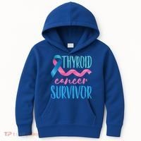 Thyroid Cancer Survivor Awareness Ribbon Teal Pink Blue Gift Kids Hoodie thumb 0