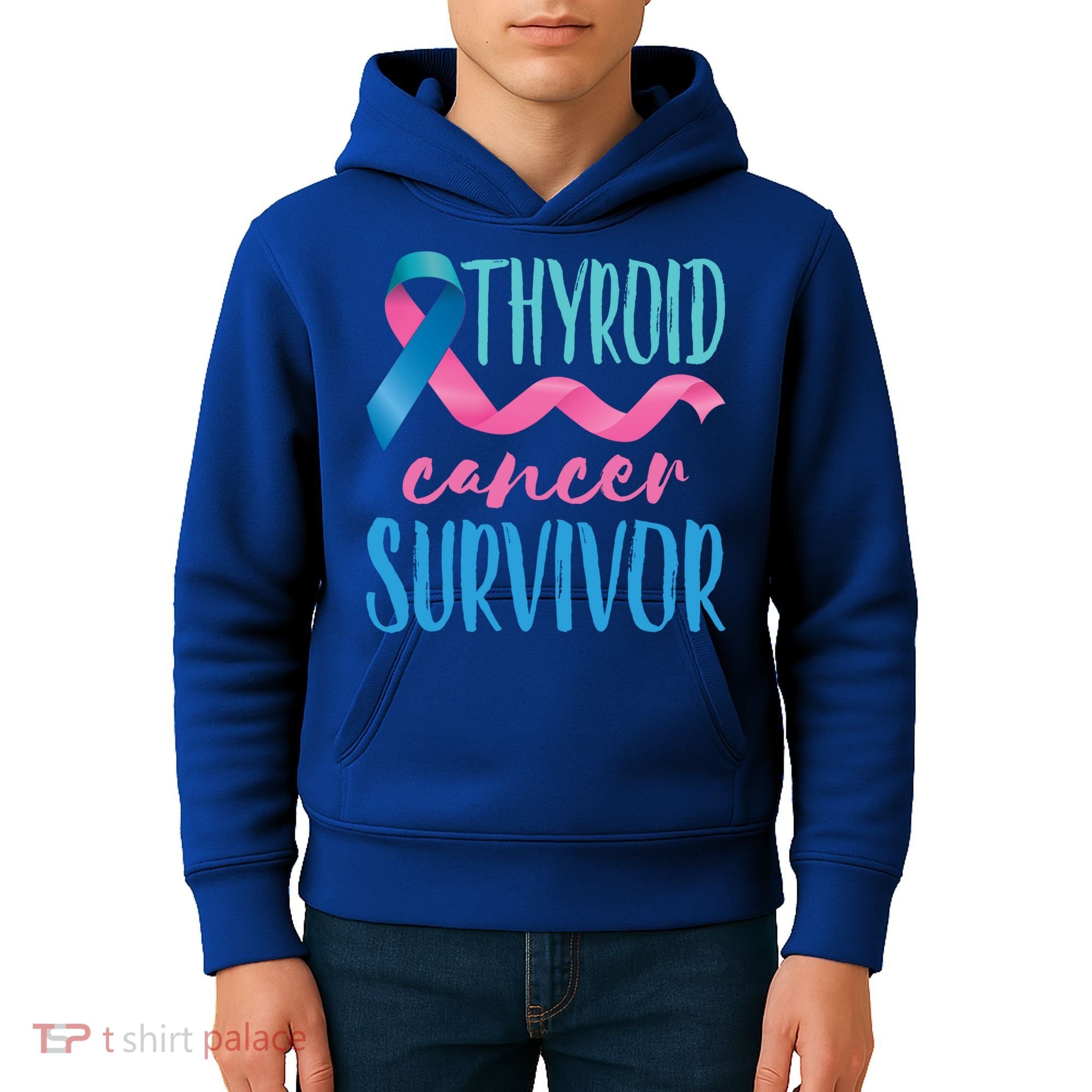 Thyroid Cancer Survivor Awareness Ribbon Teal Pink Blue Gift Kids Hoodie