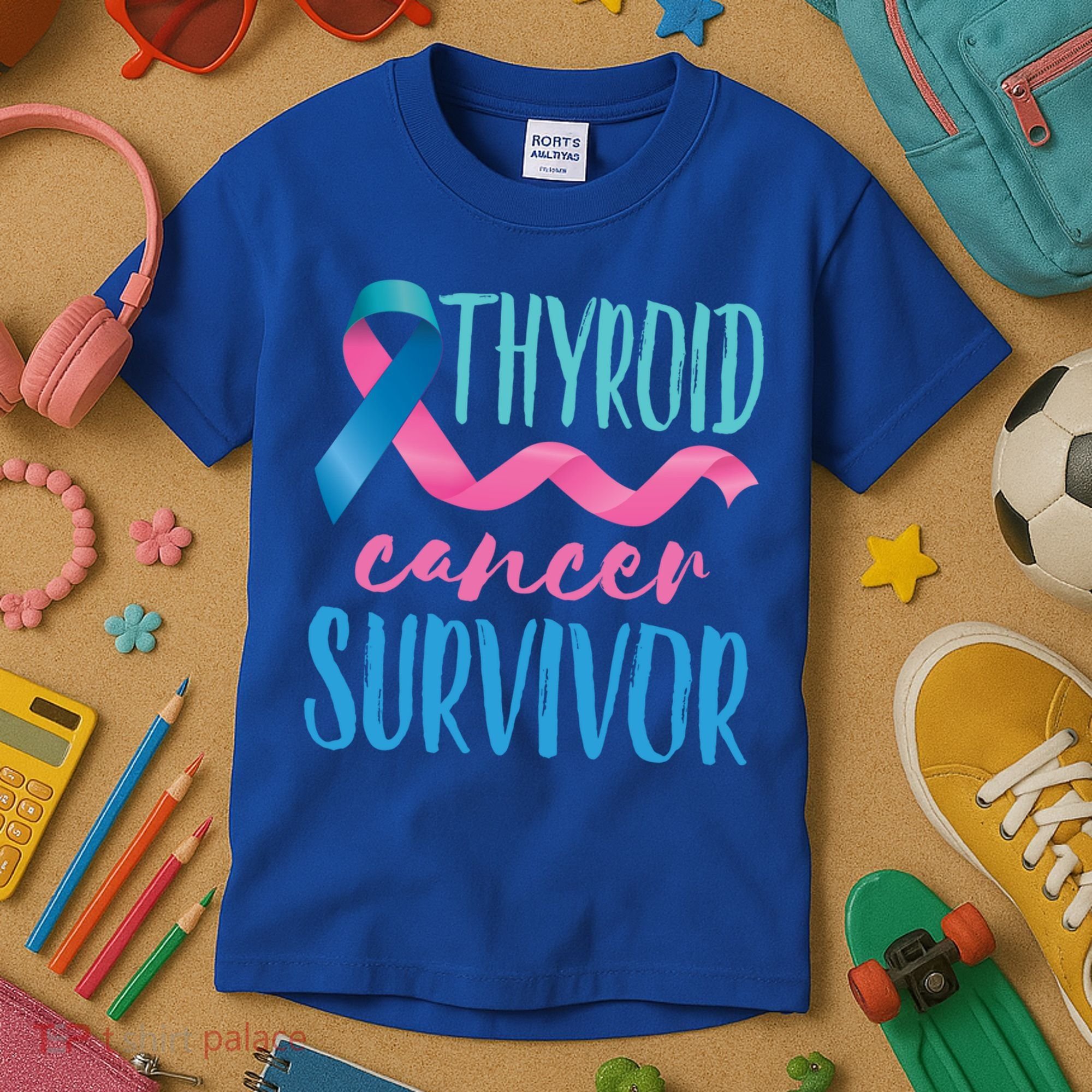 Thyroid Cancer Survivor Awareness Ribbon Teal Pink Blue Gift Kids T-Shirt