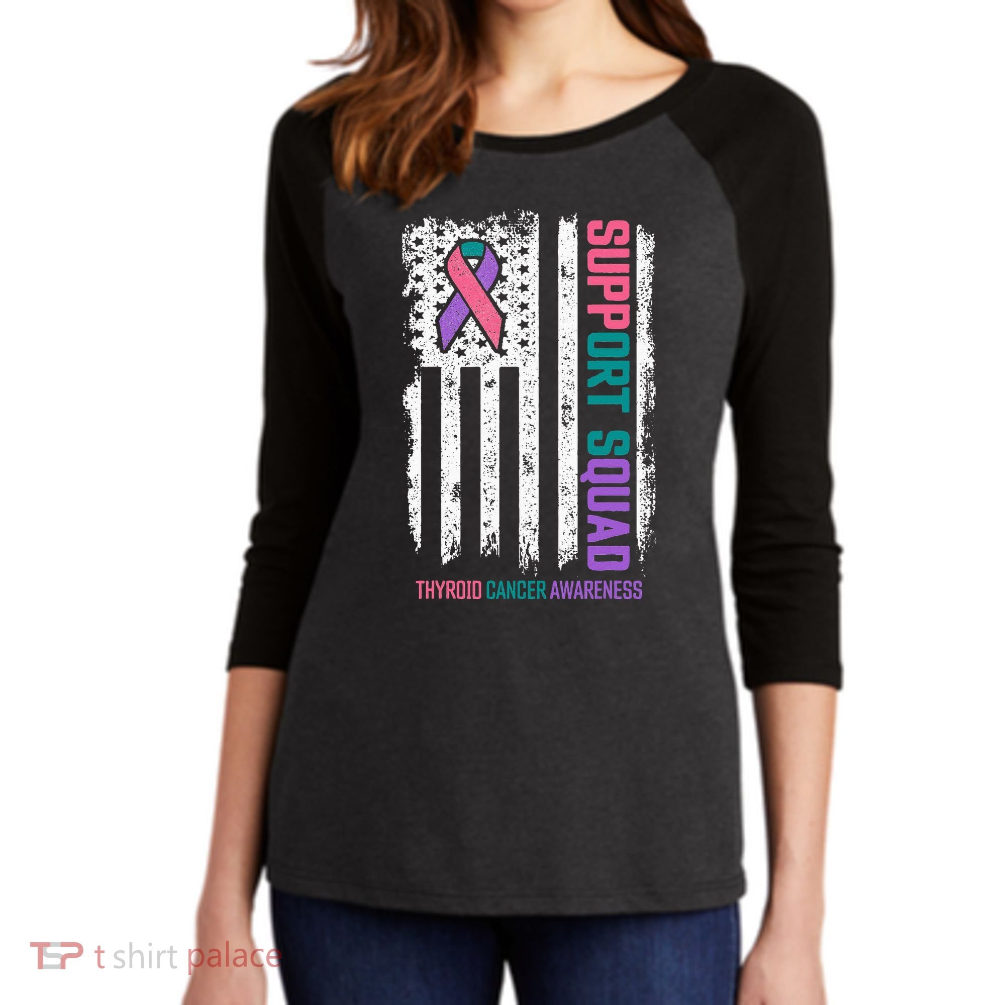 Thyroid Cancer Support Squad Thyroid Cancer Awareness Women's Tri-Blend 3/4-Sleeve Raglan Shirt