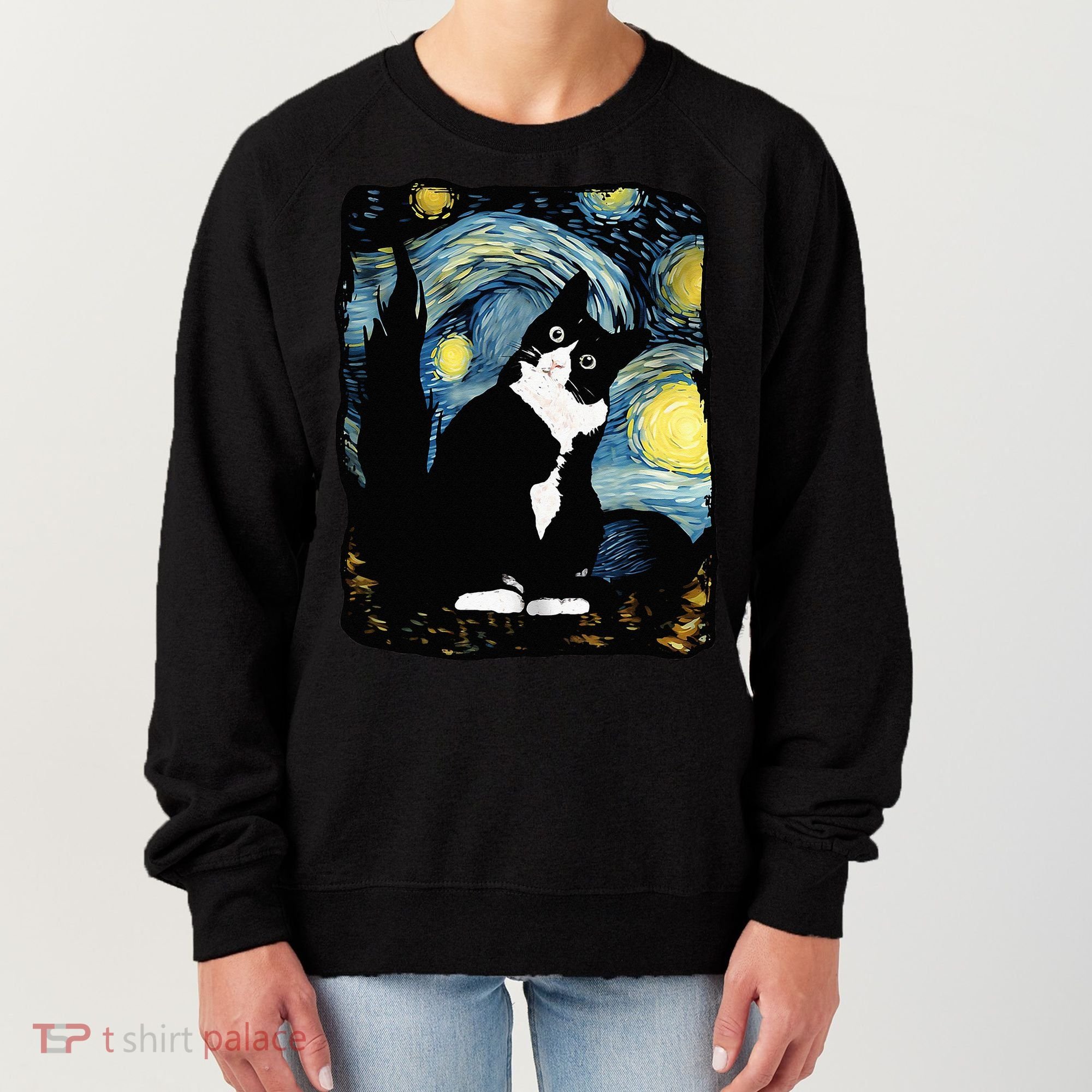 Tuxedo Cat Starry Night Van Gogh Cat Cat Art Cat Mom Dad Women's Sweatshirt