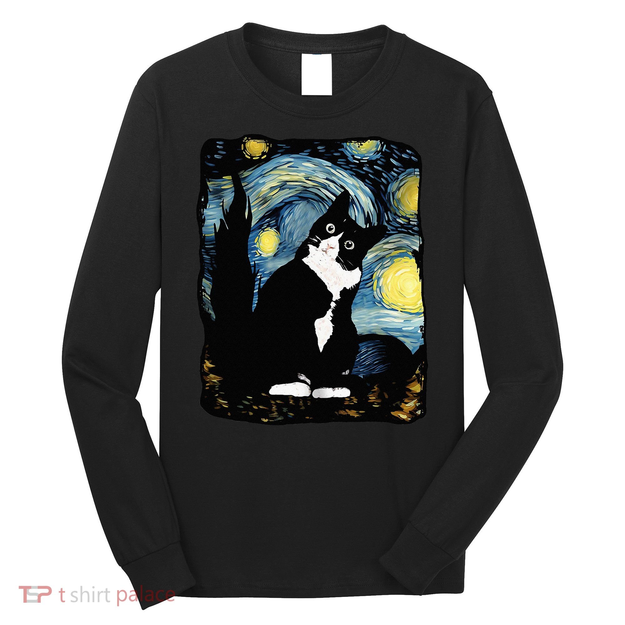 Tuxedo Cat Starry Night Van Gogh Cat Cat Art Cat Mom Dad Long Sleeve Shirt