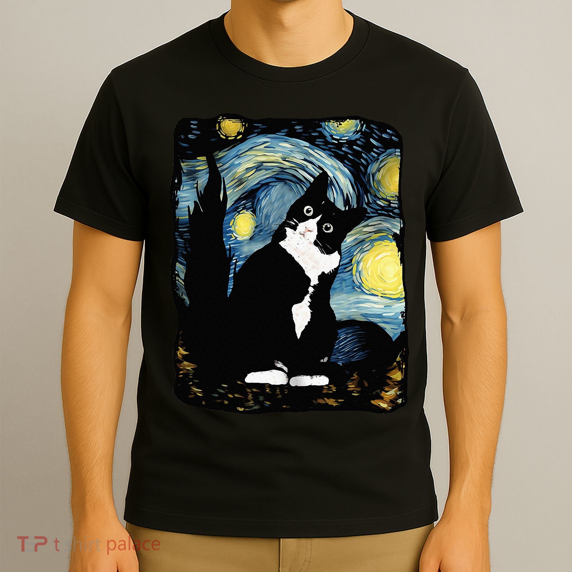 Tuxedo Cat Starry Night Van Gogh Cat Cat Art Cat Mom Dad T-Shirt