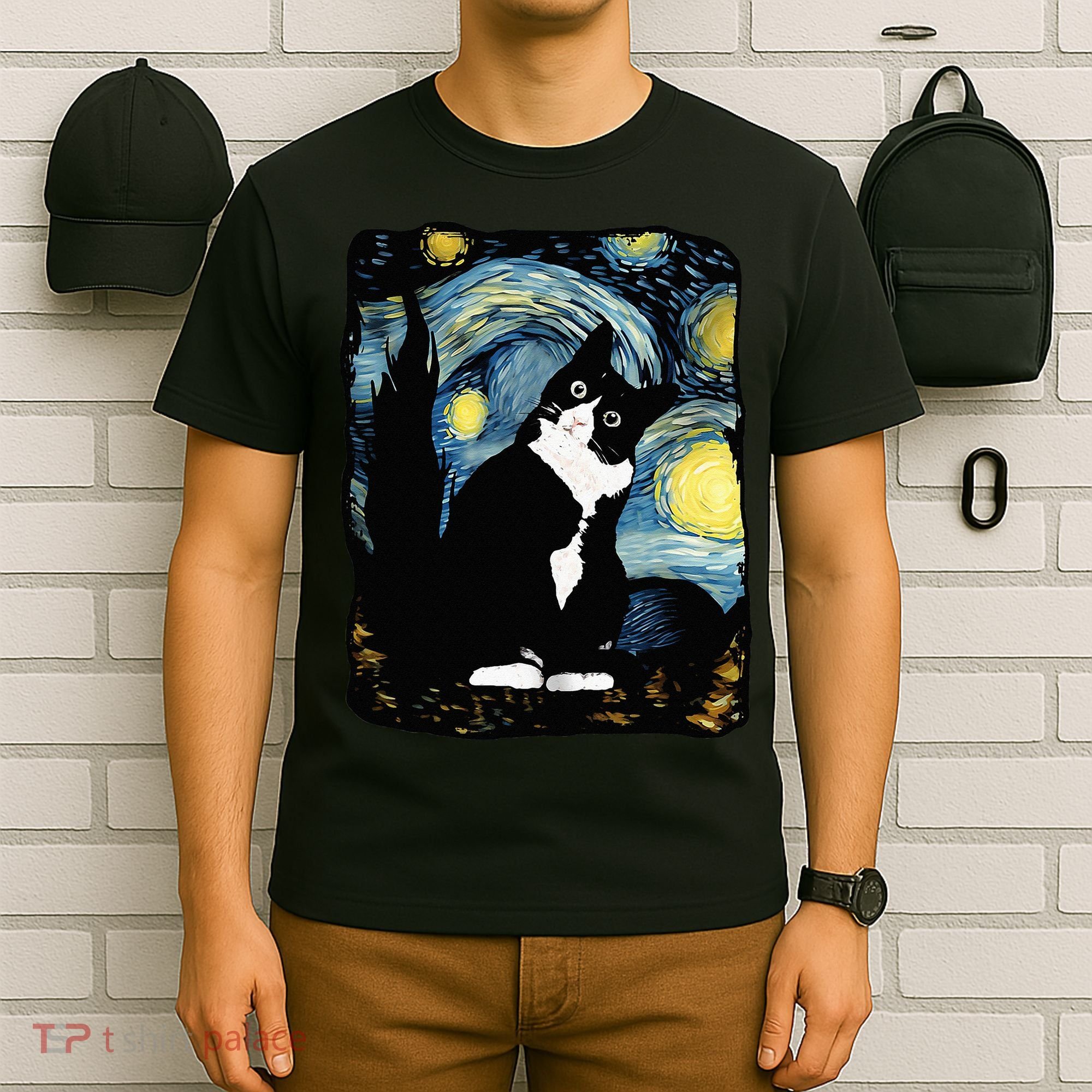 Tuxedo Cat Starry Night Van Gogh Cat Cat Art Cat Mom Dad T-Shirt