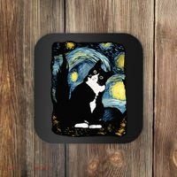 Tuxedo Cat Starry Night Van Gogh Cat Cat Art Cat Mom Dad Coaster thumb 0