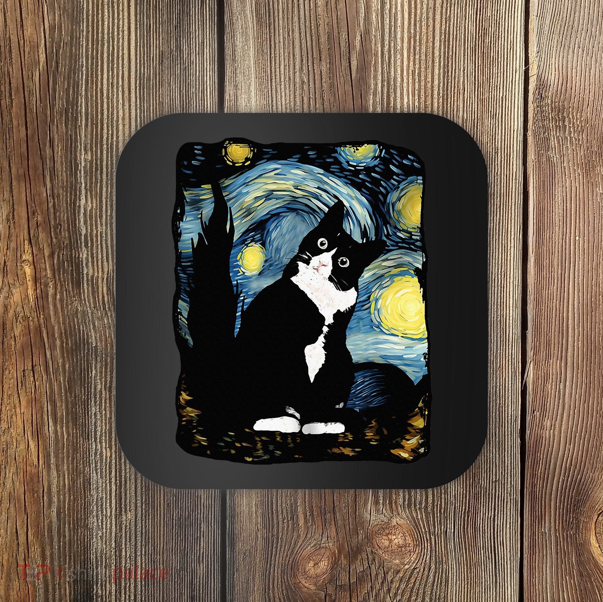 Tuxedo Cat Starry Night Van Gogh Cat Cat Art Cat Mom Dad Coaster