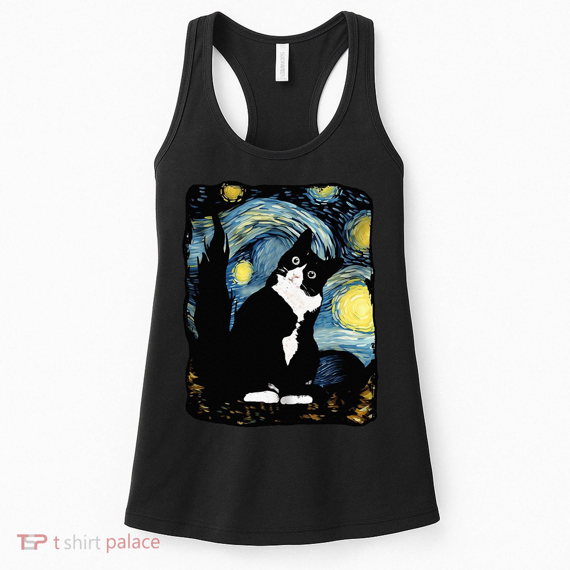 Tuxedo Cat Starry Night Van Gogh Cat Cat Art Cat Mom Dad Women's Tank Top