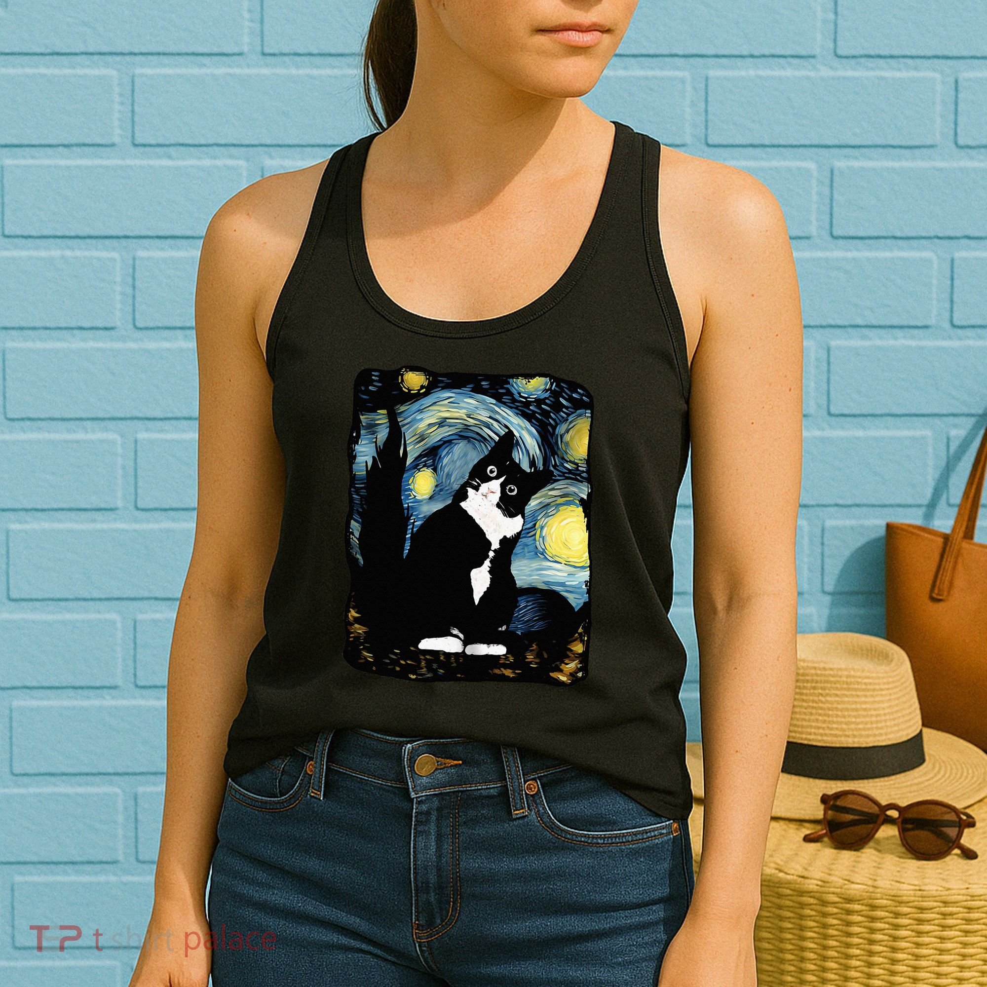 Tuxedo Cat Starry Night Van Gogh Cat Cat Art Cat Mom Dad Women's Tank Top