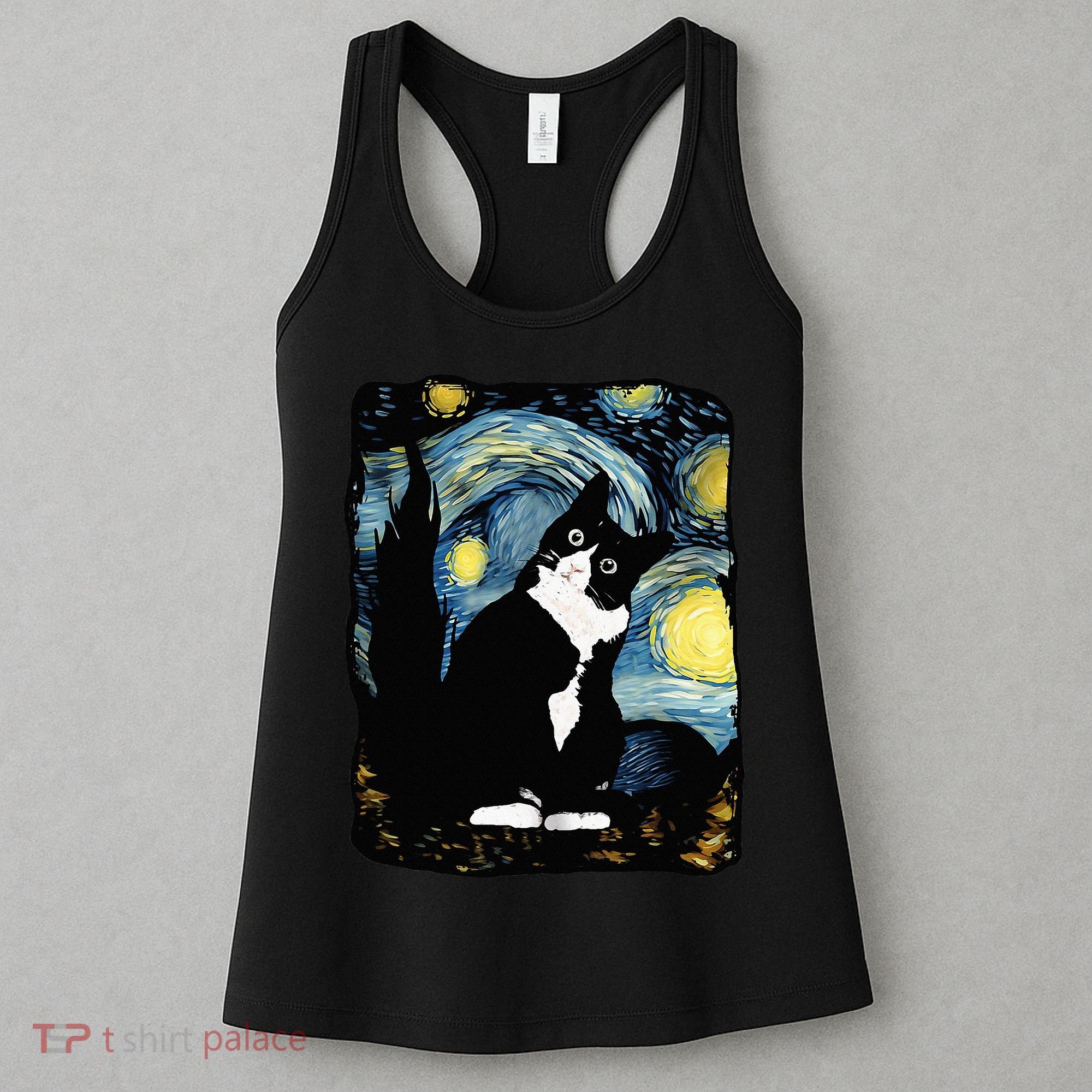 Tuxedo Cat Starry Night Van Gogh Cat Cat Art Cat Mom Dad Women's Tank Top