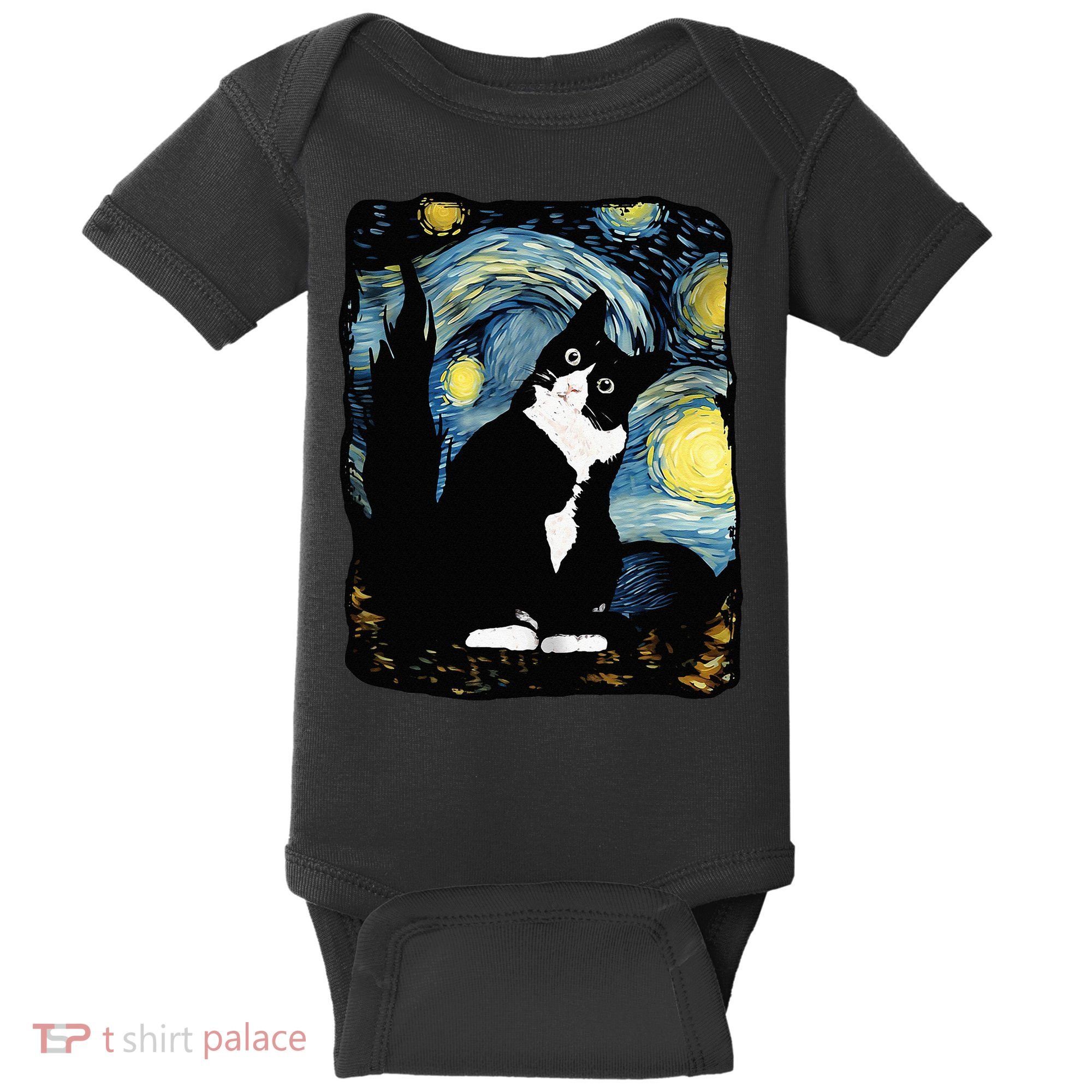 Tuxedo Cat Starry Night Van Gogh Cat Cat Art Cat Mom Dad Baby Bodysuit