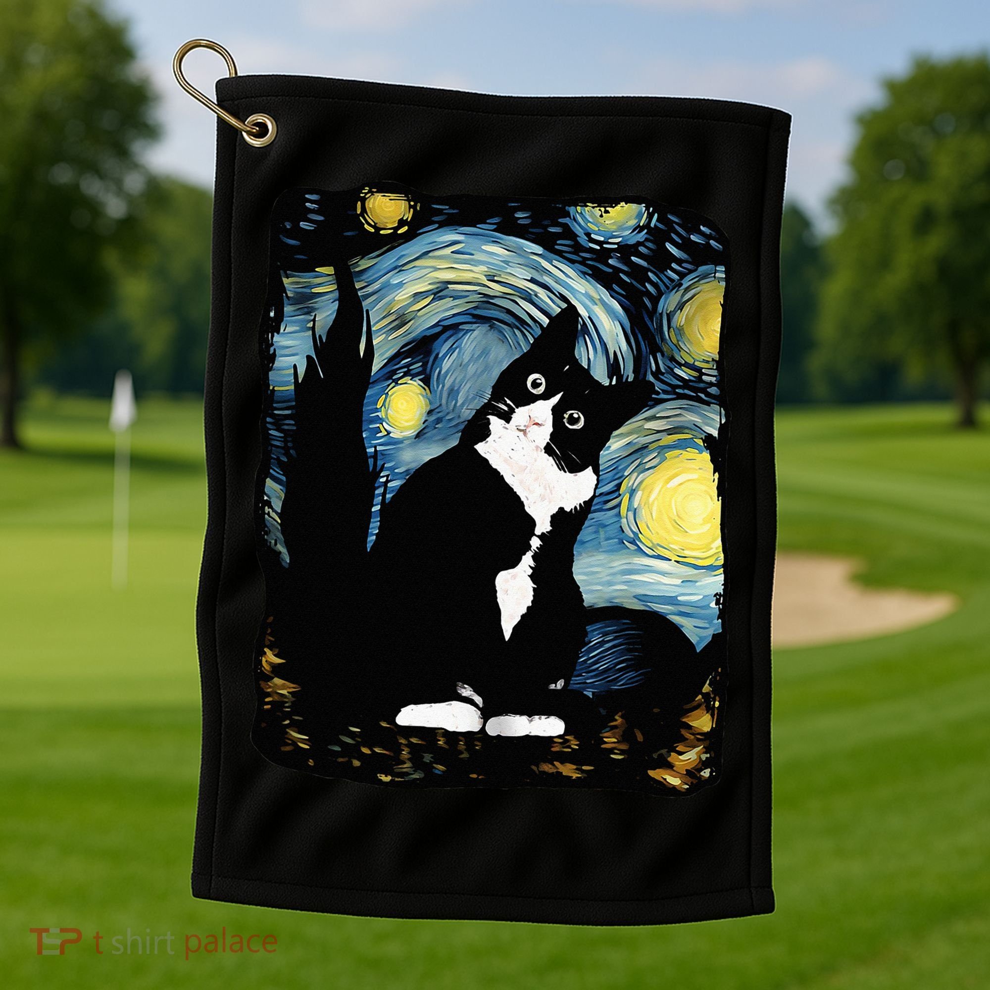 Tuxedo Cat Starry Night Van Gogh Cat Cat Art Cat Mom Dad Golf Towel