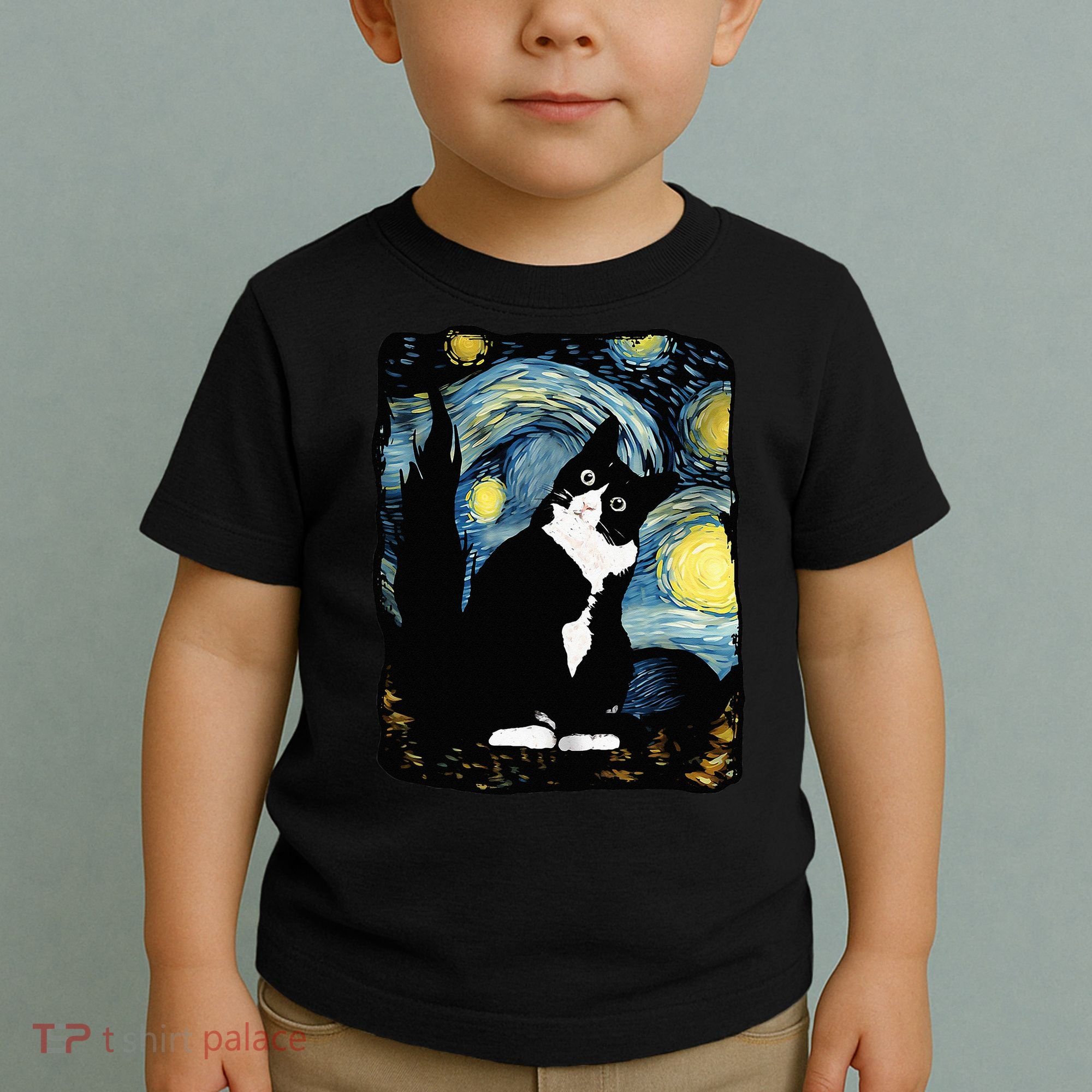 Tuxedo Cat Starry Night Van Gogh Cat Cat Art Cat Mom Dad Toddler T-Shirt