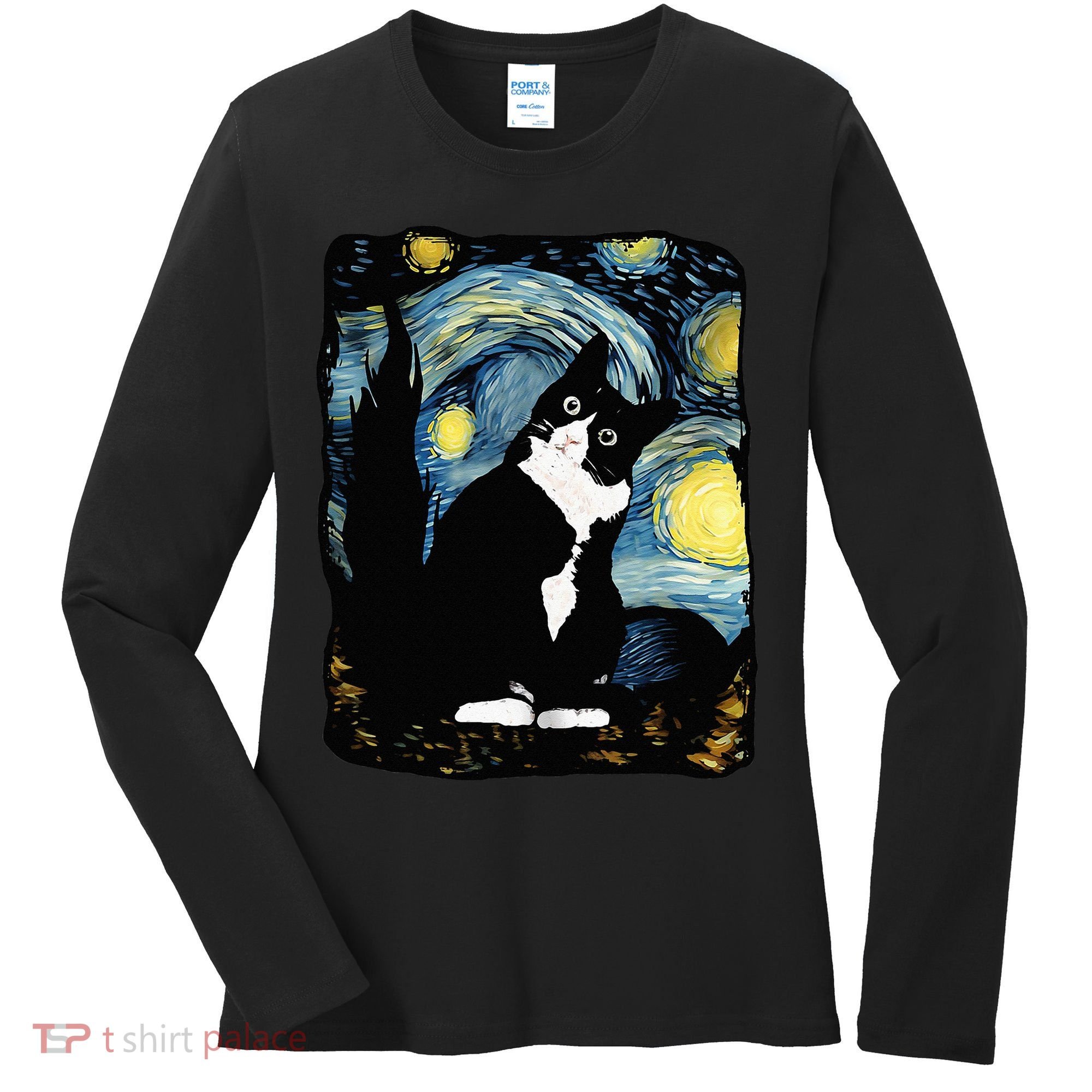 Tuxedo Cat Starry Night Van Gogh Cat Cat Art Cat Mom Dad Women's Long Sleeve Shirt