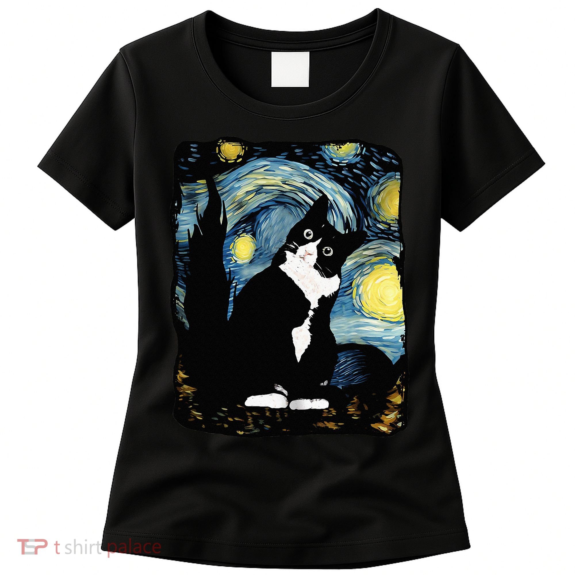 Tuxedo Cat Starry Night Van Gogh Cat Cat Art Cat Mom Dad Women's T-Shirt