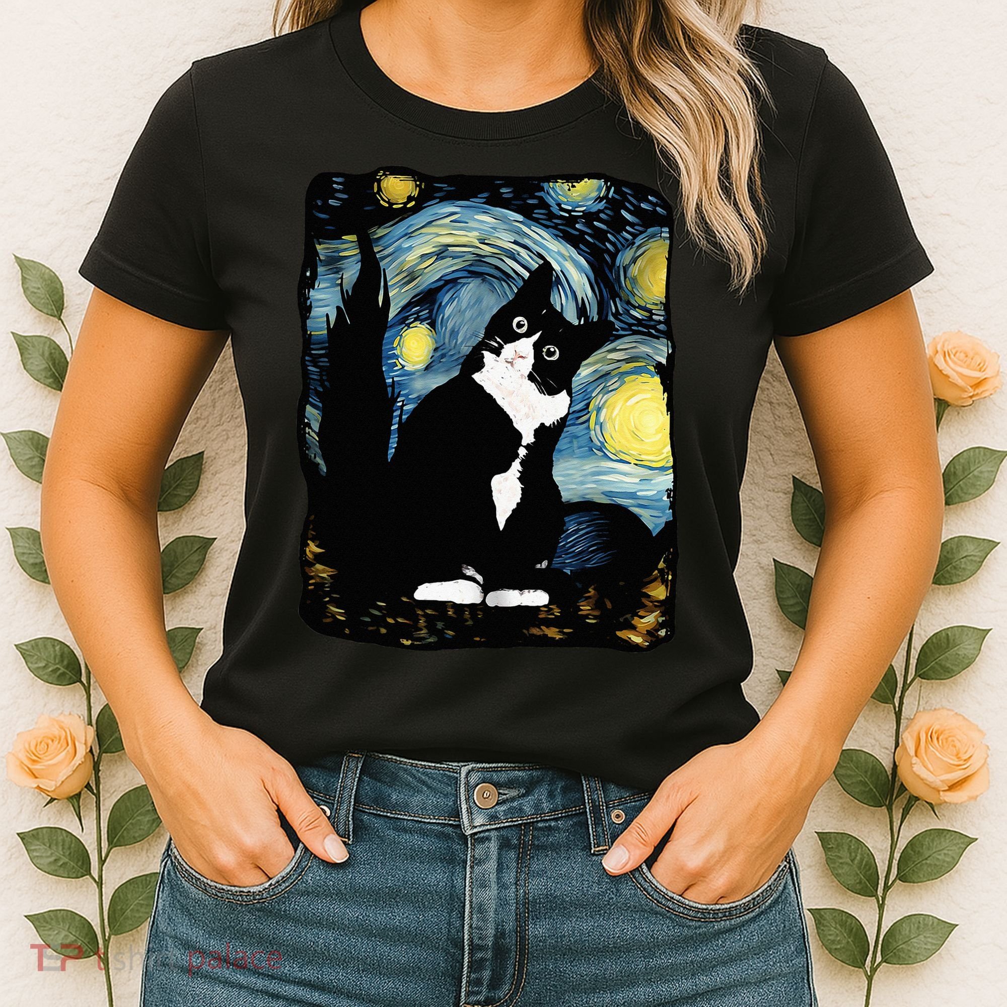 Tuxedo Cat Starry Night Van Gogh Cat Cat Art Cat Mom Dad Women's T-Shirt