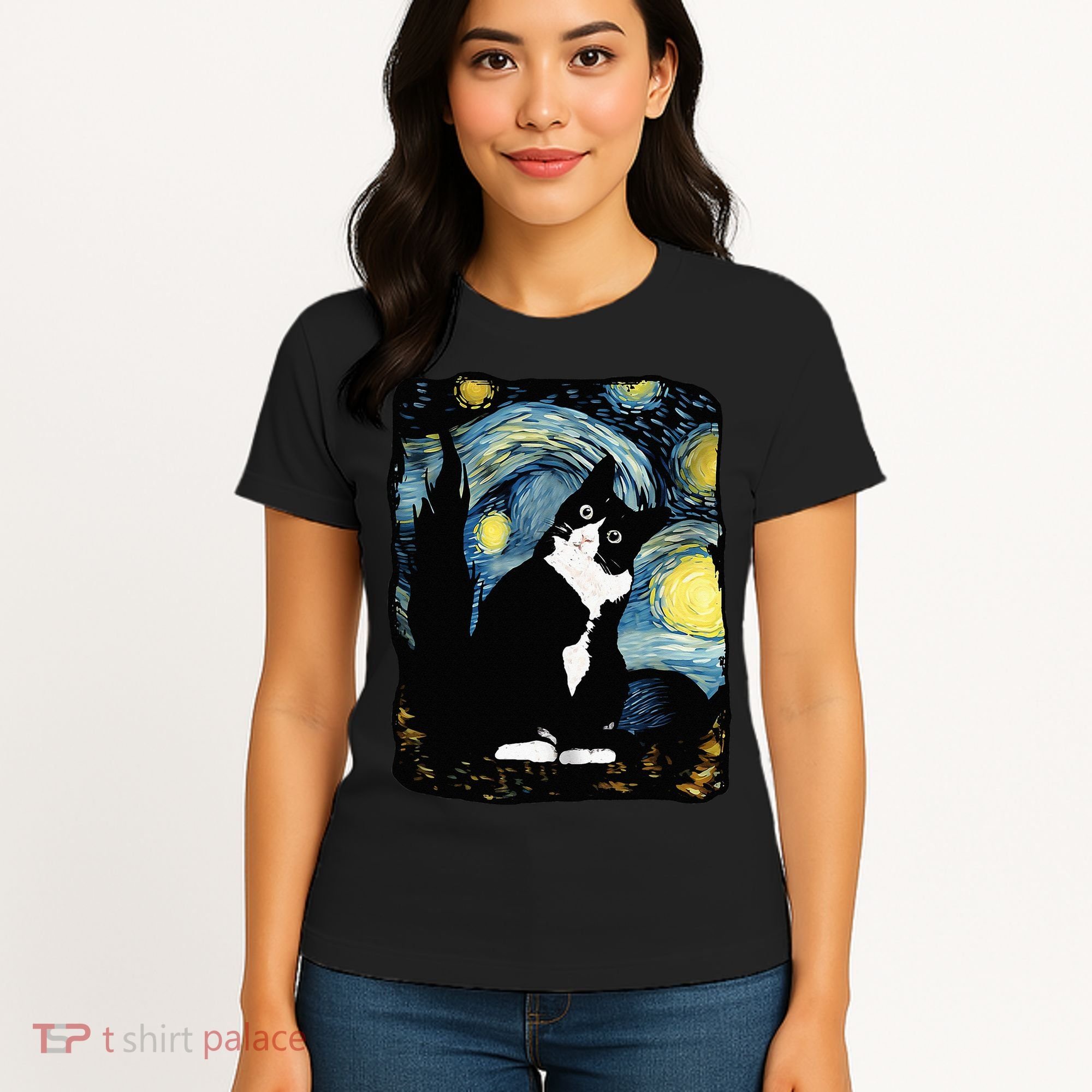 Tuxedo Cat Starry Night Van Gogh Cat Cat Art Cat Mom Dad Women's T-Shirt